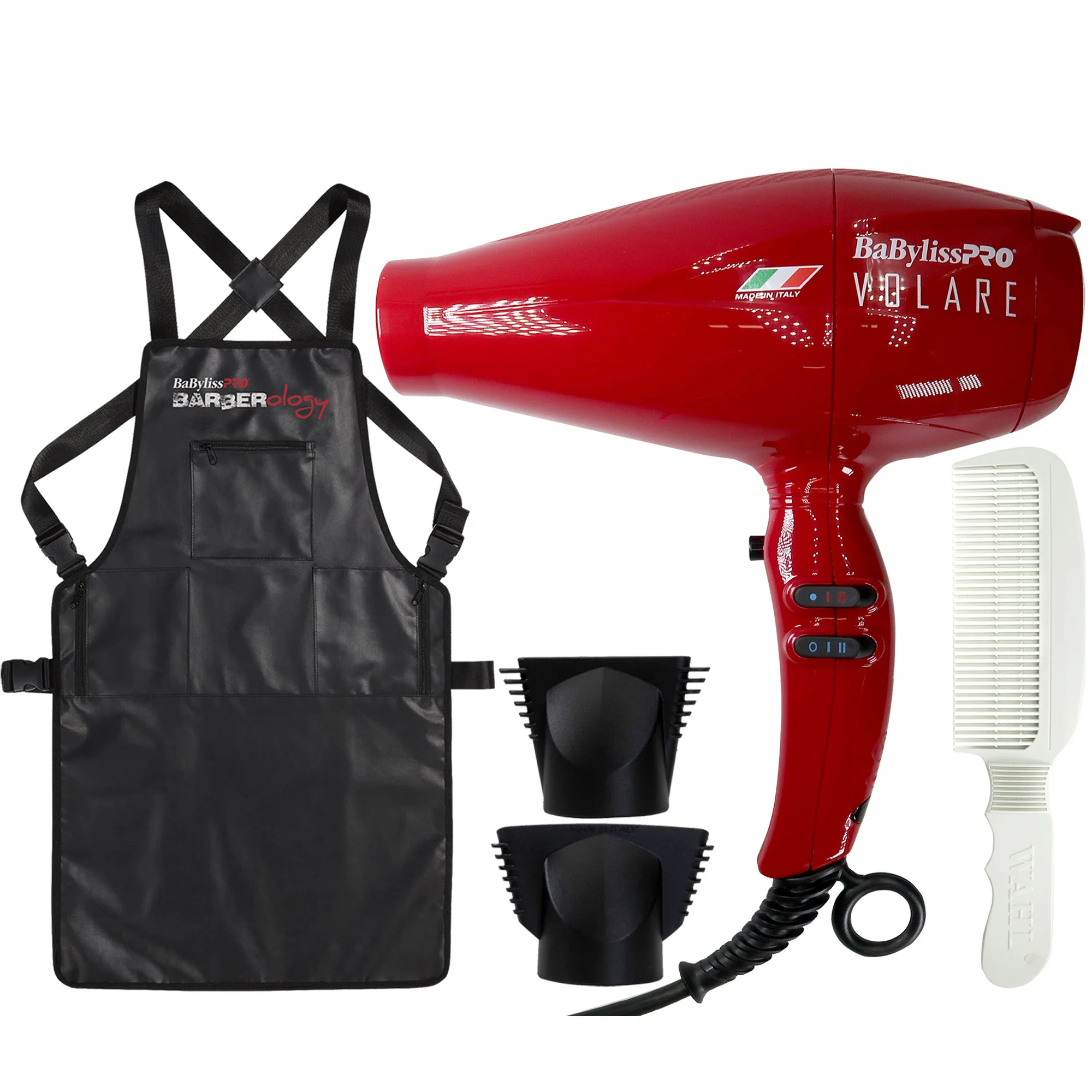 BaByliss Pro Volare Nano Titanium Italian Performance Hair Dryer 2000-Watt Blow Dryer (Red) #BRVOL1 with Barber Apron and Wahl Flat Top Comb White