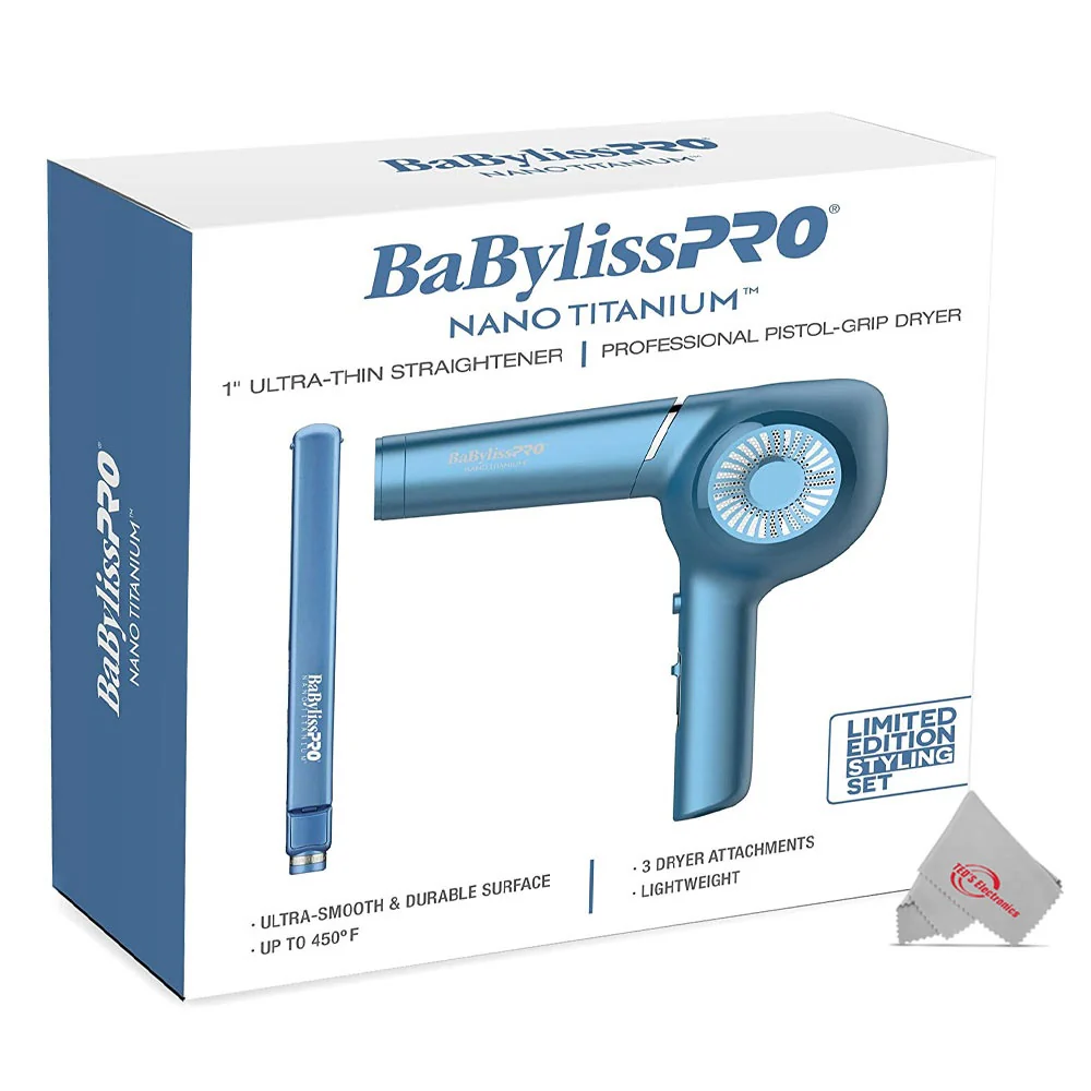 BaBylissPRO Nano Titanium 1" Ultra-Thin Straightener & Professional Pistol-Grip Hair Dryer (Blue) - Image 5