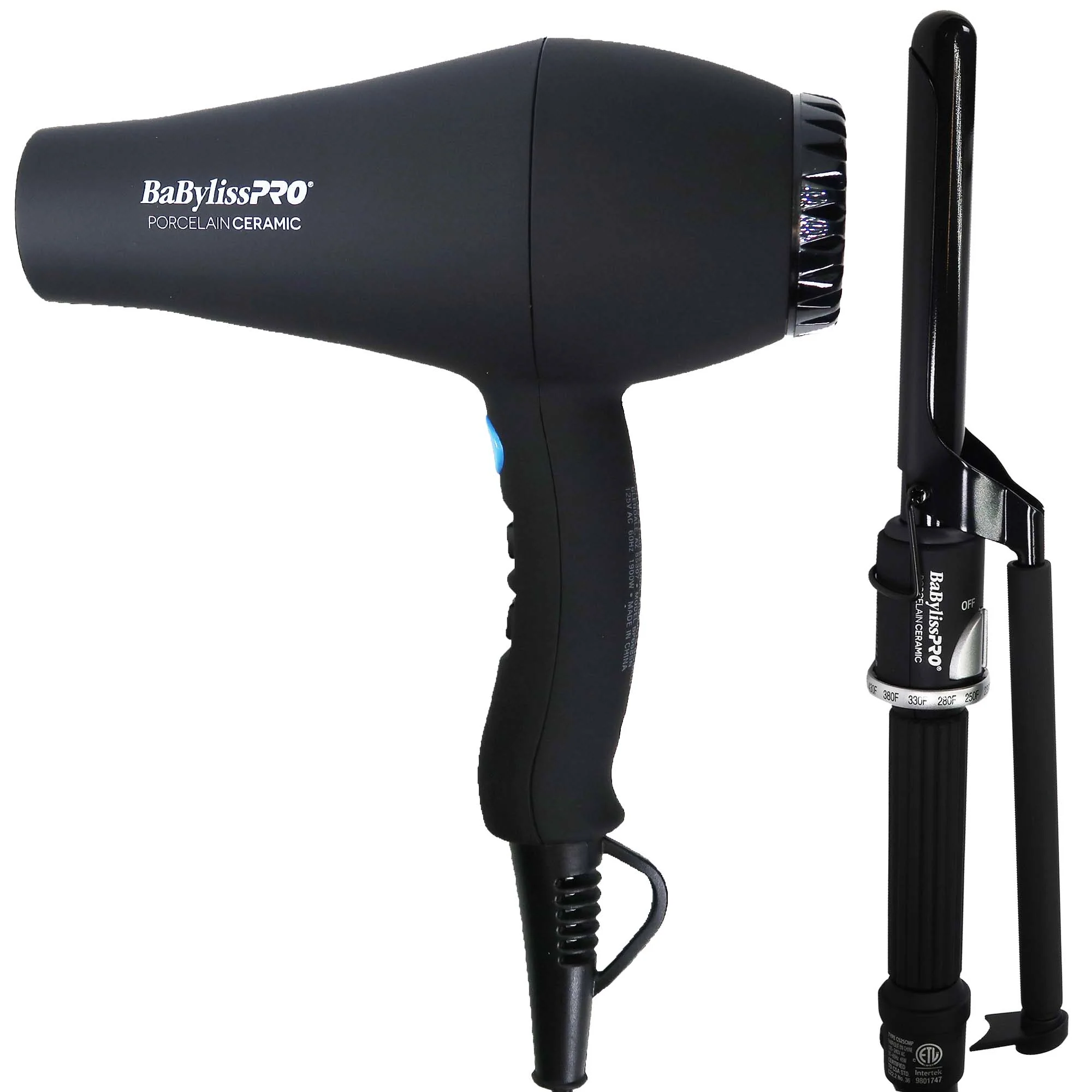 BaBylissPRO Carrera2 Professional Porcelain Ceramic Ionic 1900 Watts Hair Dryer with BaByliss Pro Porcelain Ceramic Marcel Curling Iron - 3/4" BP75MUC