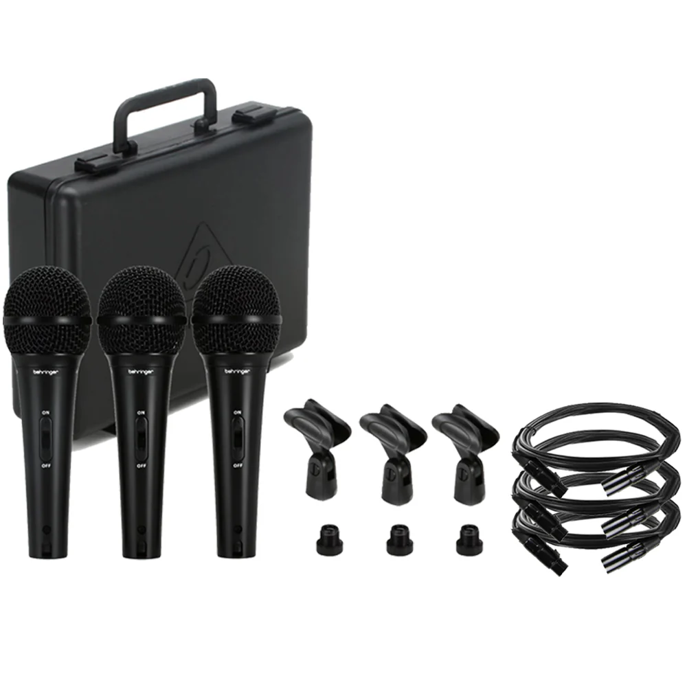 Behringer XM1800S Dynamic Vocal & Instrument Mic (3-pack) + 3x 8mm XLR Microphone 20ft Cable