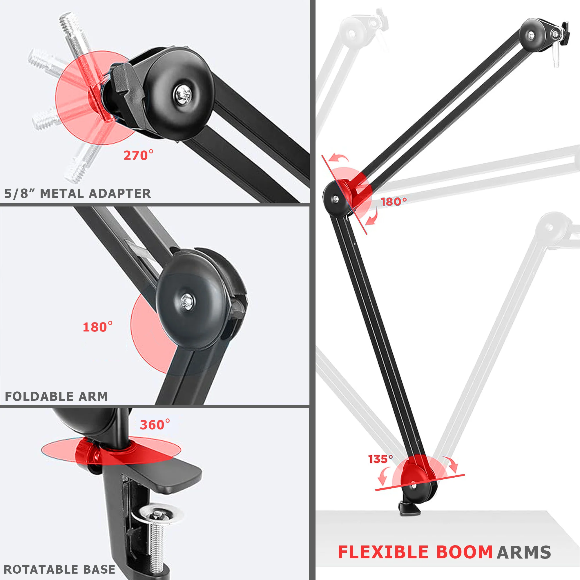 Boya BY-BA20 Aluminum Alloy Desk Holder Microphone Stand Bracket with Desk Mount & 5/8” to 3/8” Screw Heavy-Duty Microphone Arm Stand Adjustable & Foldable for Streaming, Podcast, Video Gaming, Recording - Image 4