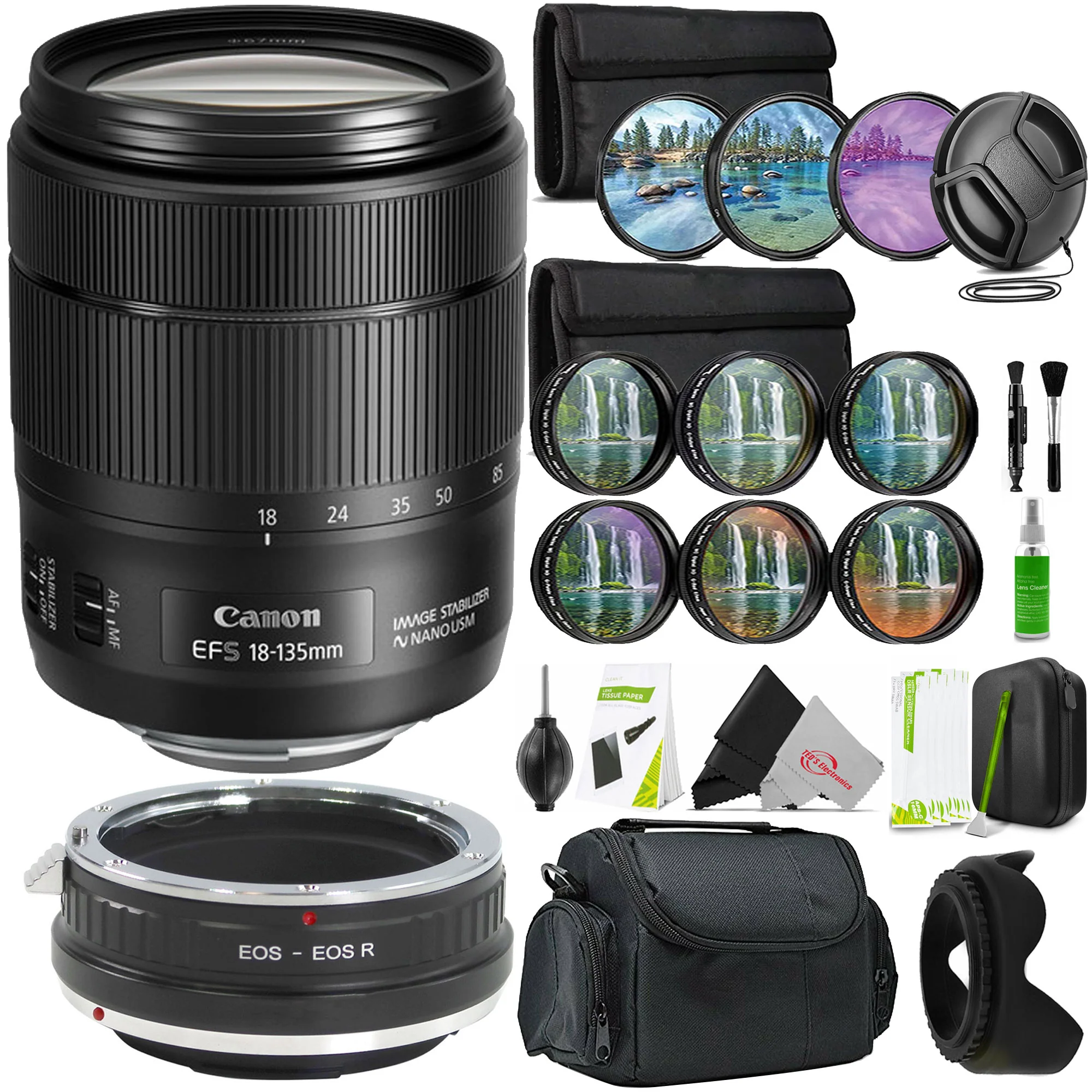 Canon EF-S 18-135mm Lens Bundle for EOS R Cameras – Includes Adapter, 67mm Filters, Lens Hood, Lens Case & Cleaning Kit