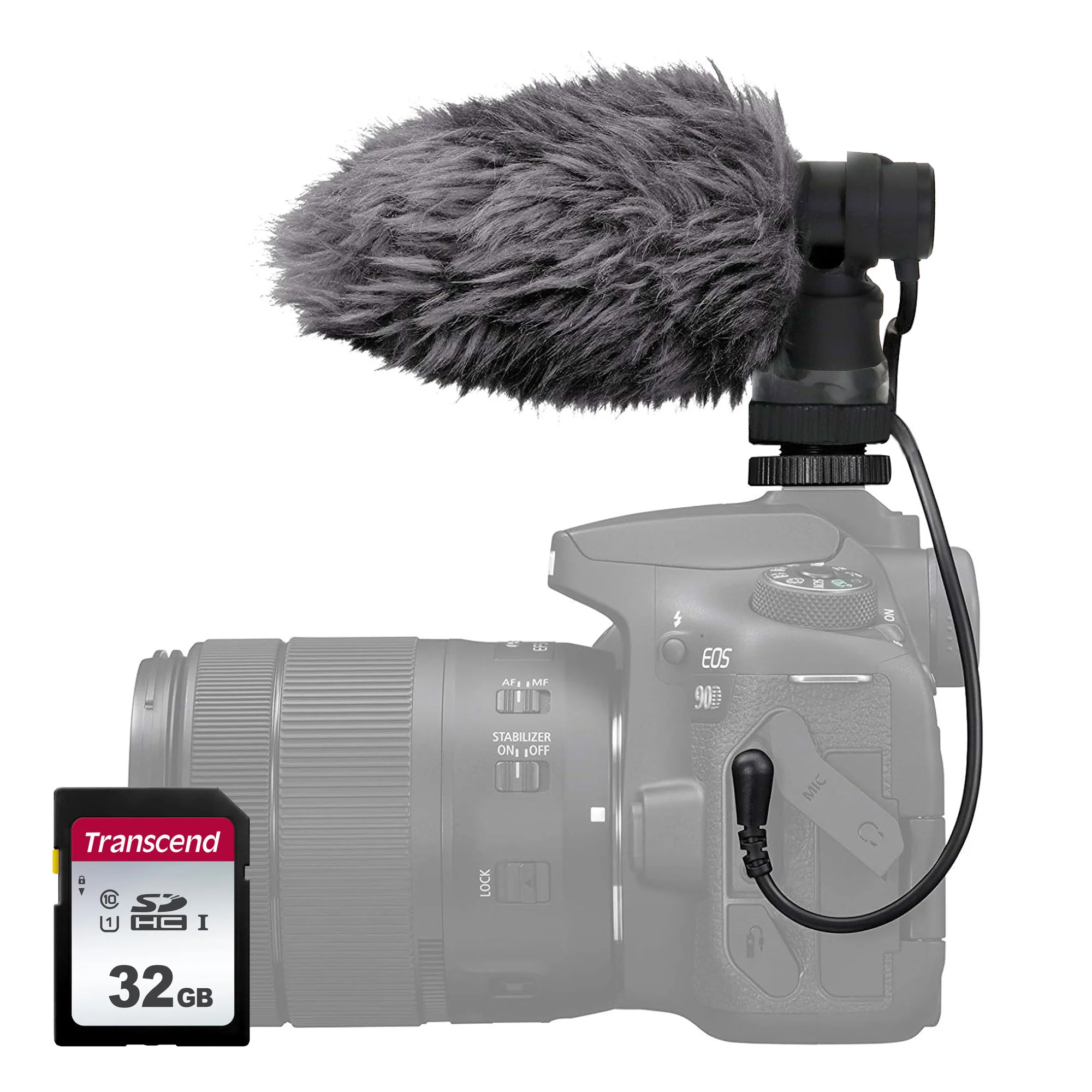 Canon DM-E100 Stereo Microphone with Wind Screen (Black) and Transcend 32GB SDXC/SDHC 300S Memory Card