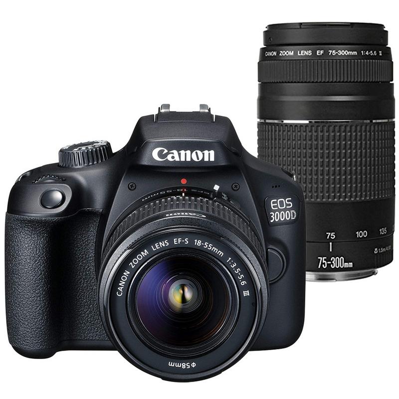 Canon EOS 3000D 18MP DSLR Camera + Canon EF-S 18-55mm III f/3.5-5.6 Camera Lens +  Canon EF 75-300mm f/4.0-5.6 III Lens