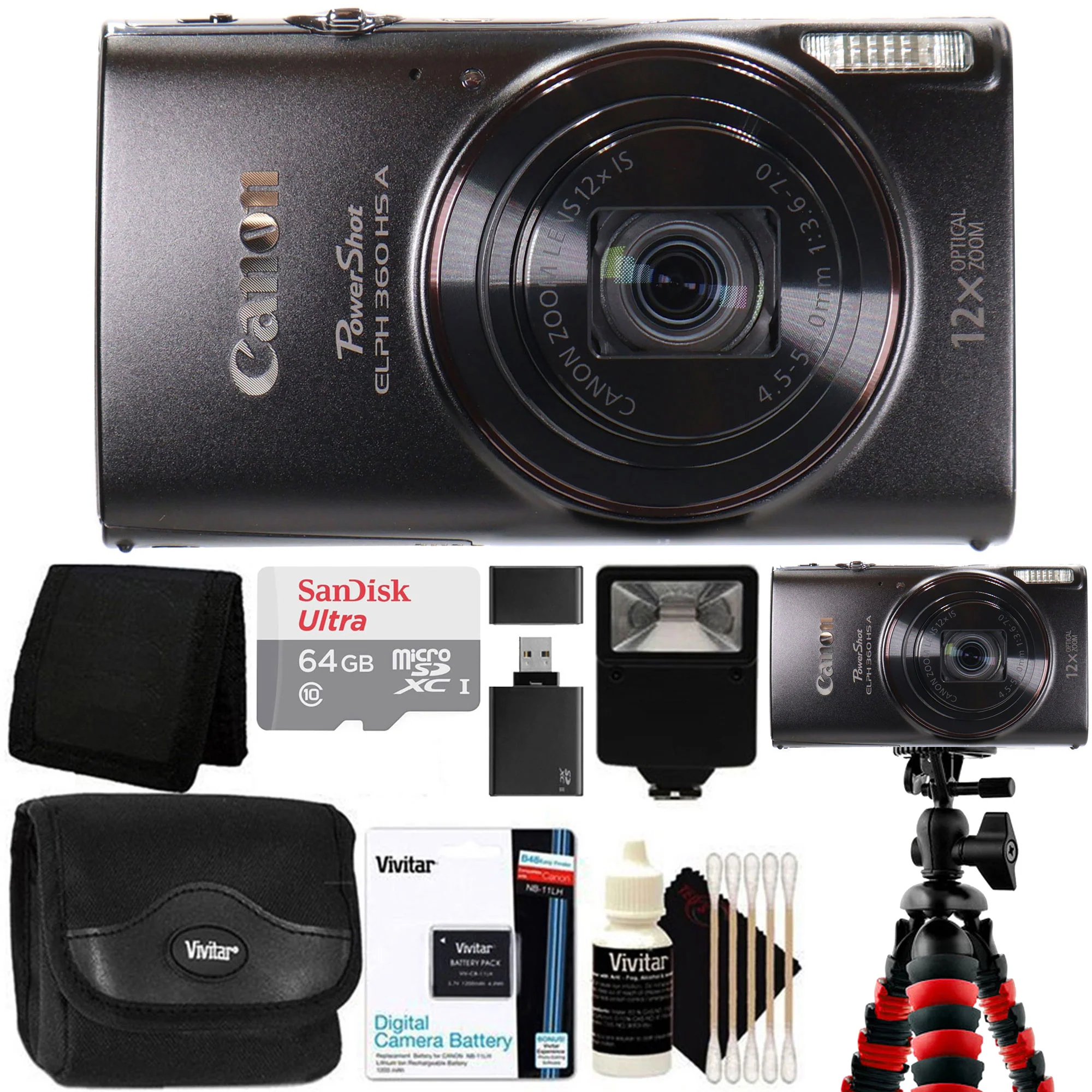 Canon PowerShot ELPH 360 HS A Digital Camera (Black) with Case, 64GB MicroSD, Card Wallet, Tripod, Flash, Battery, Cleaning Kit