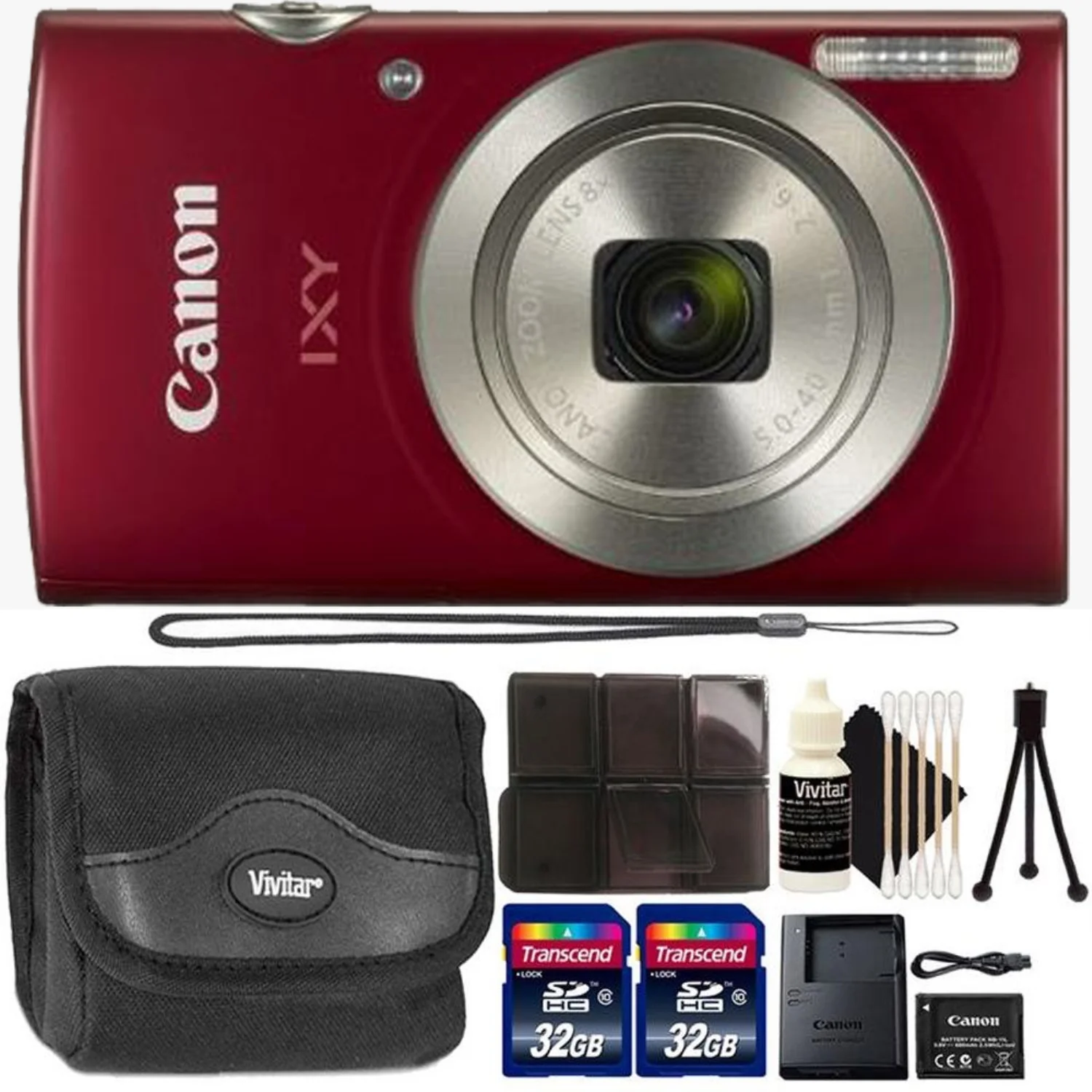 Canon PowerShot IXY 200 / Elph 180 20MP 8x Zoom Digital Camera RED + Complete Starter Bundle