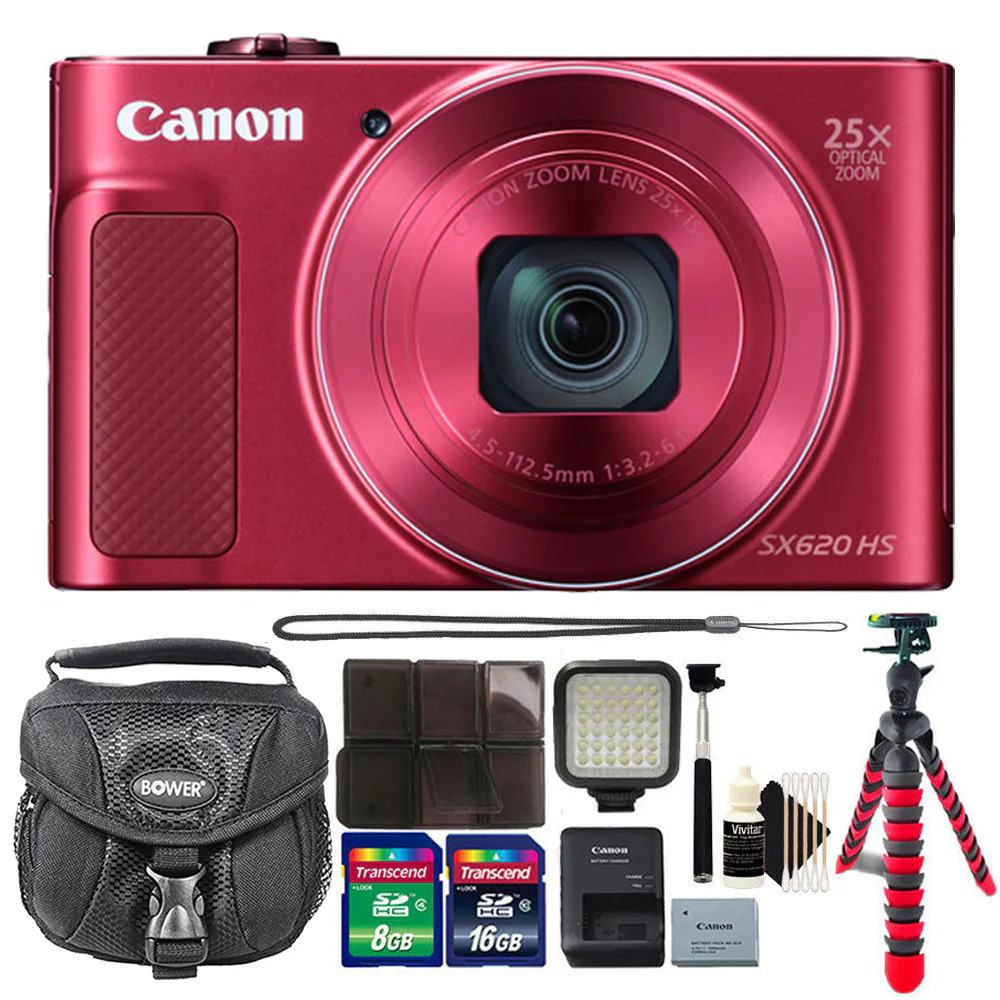 Canon PowerShot SX620 HS 20.2MP Digital Camera Red with LED Video Light and Accessory Kit