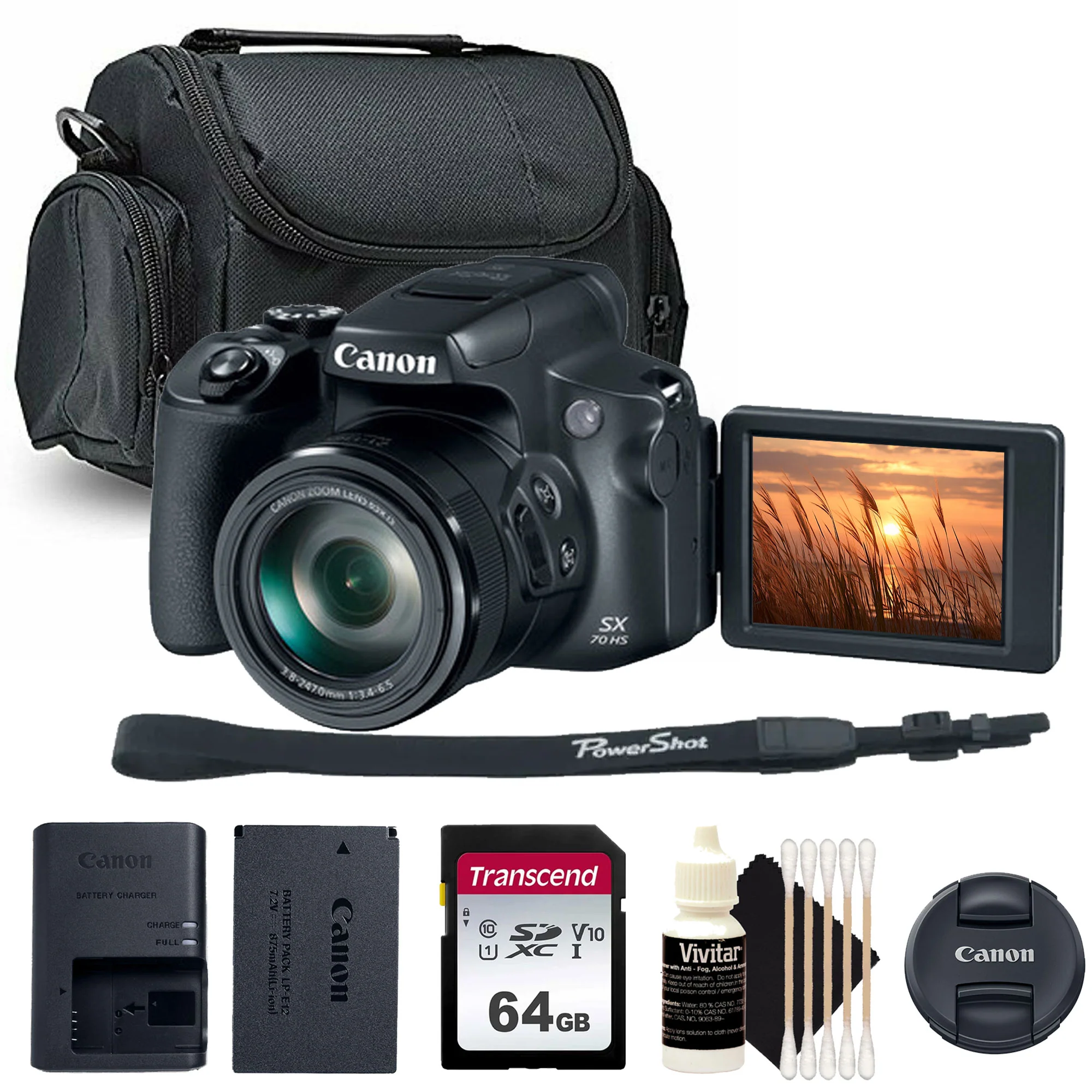 Canon Powershot SX70 20.3MP Digital Camera (Black) with Transcend 64GB SDXC Memory Card and Camera Case + Cleaning Kit