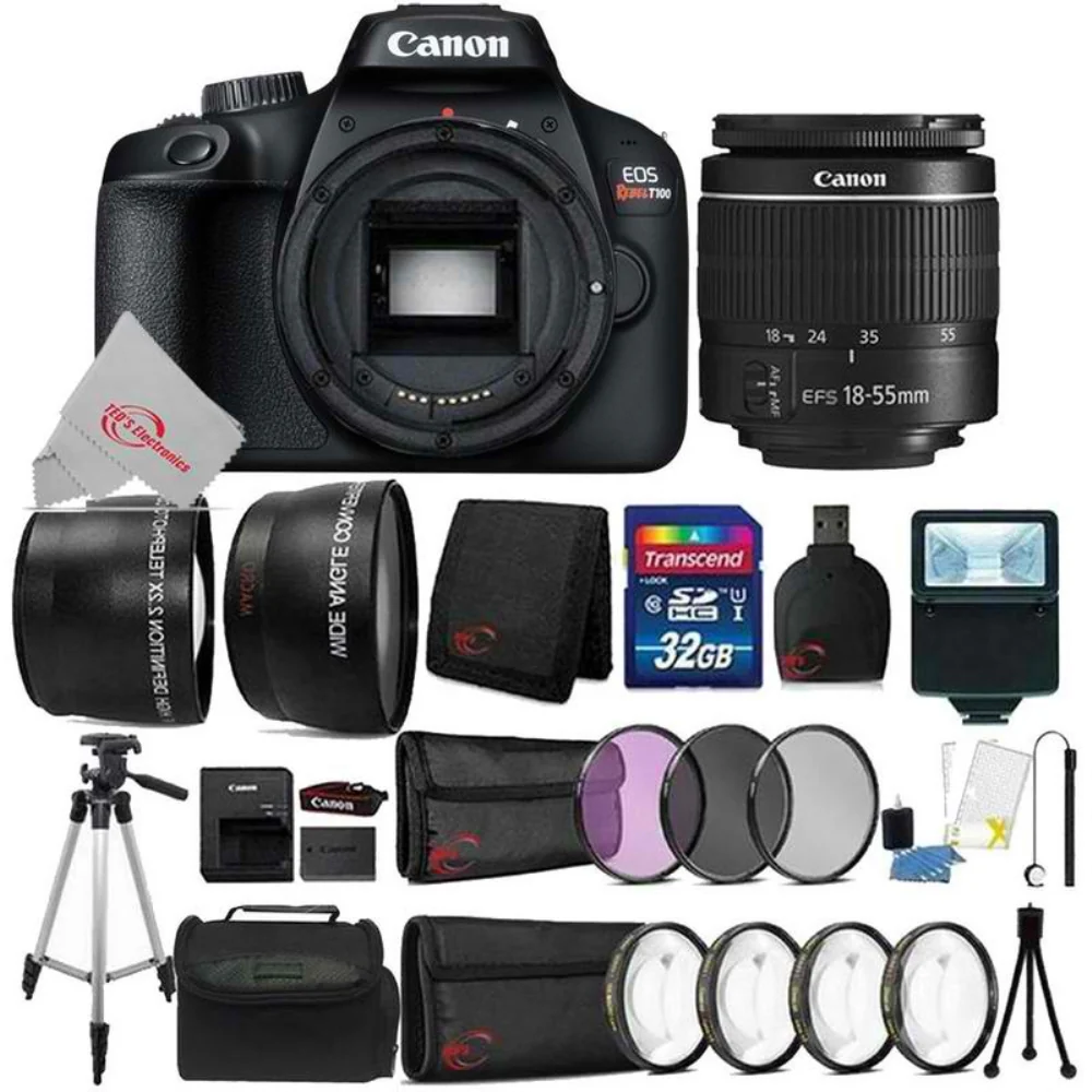Canon EOS T100 18MP Digital SLR Camera + 18-55mm Lens + 32GB Memory Card + 58mm Telephoto & Wide Angle Lens + 58mm Filter + Macro Kit + Wallet + Reader + Tall Tripod + Slave Flash + Case + Cleaning Kit + Mini Tripod