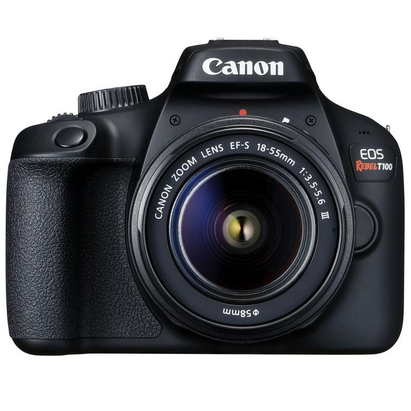 Canon EOS T100 18MP Digital SLR Camera + 18-55mm Lens + 58mm Telephoto & Wide Angle Lens + Filter Kit + UV Filter + 16GB Memory Card + Wallet + Reader + Grip Strap + Lens Pen + Tall Tripod + Case + Lens Cap Holder + Cleaning Kit + Mini Tripod - Image 2