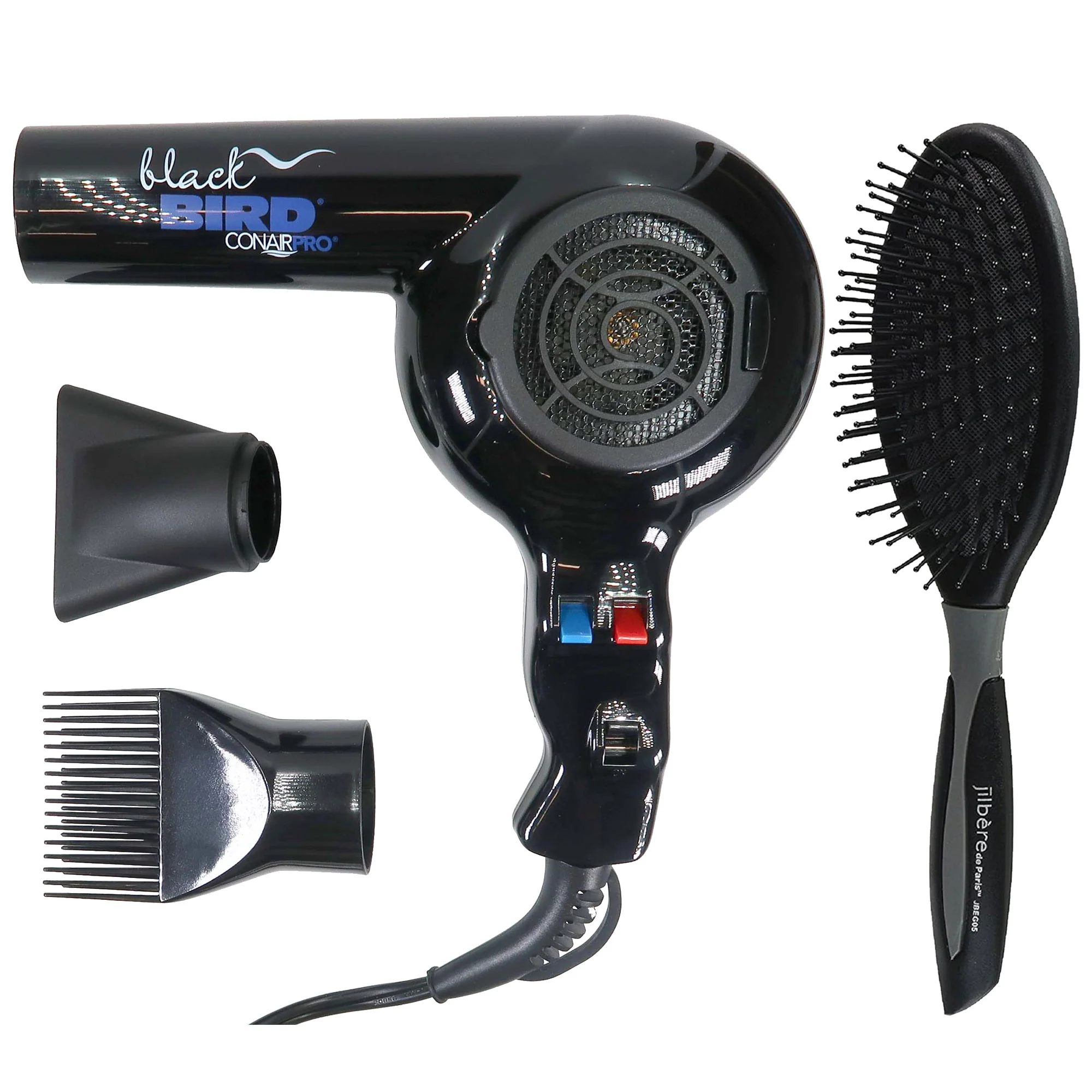 Conair Pro Black Bird Hair Dryer 2000 Watt BB075W with Conair Pro Ergo-Grip Detangler Brush