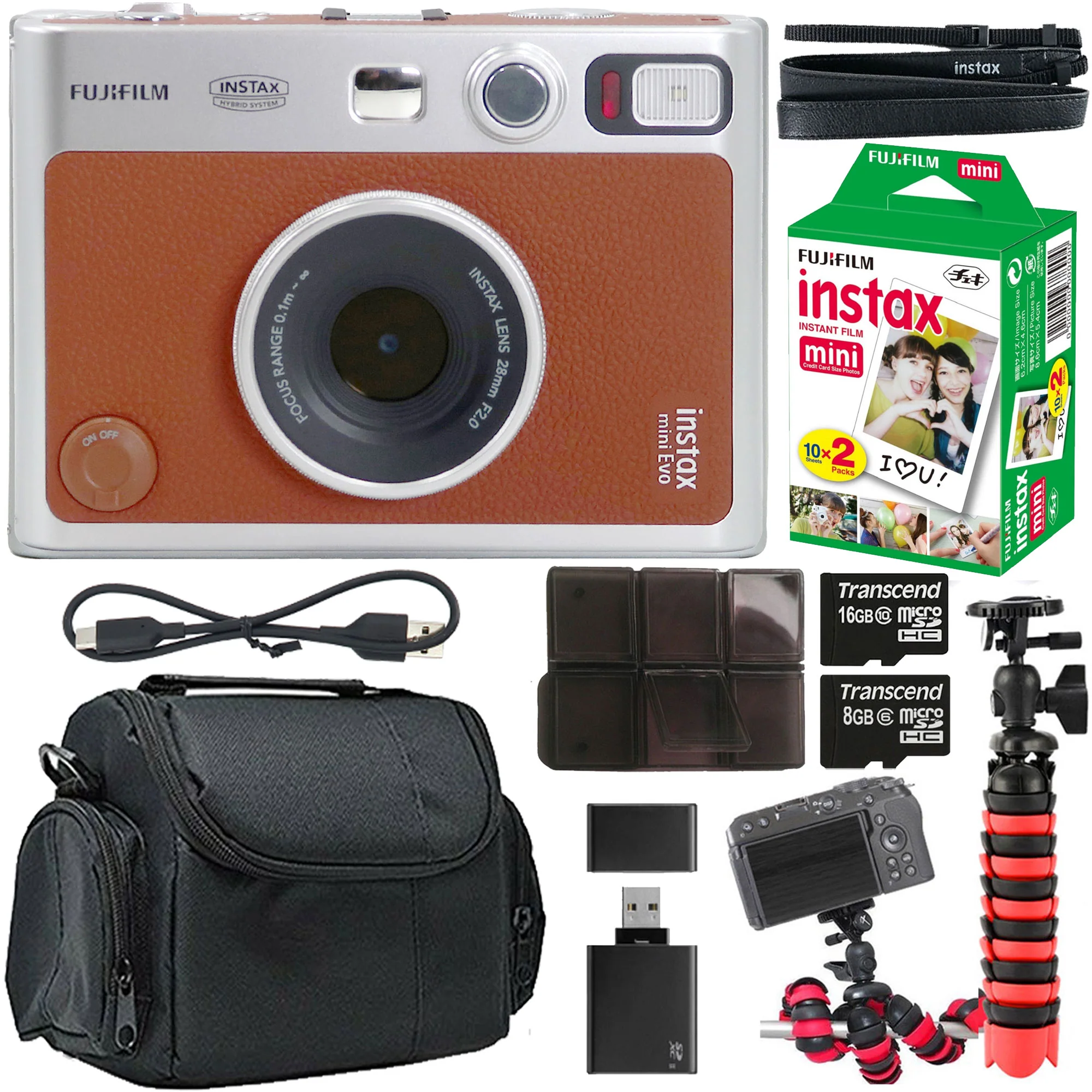 FUJIFILM INSTAX MINI EVO Hybrid Instant Camera (Brown) Accessory Bundle