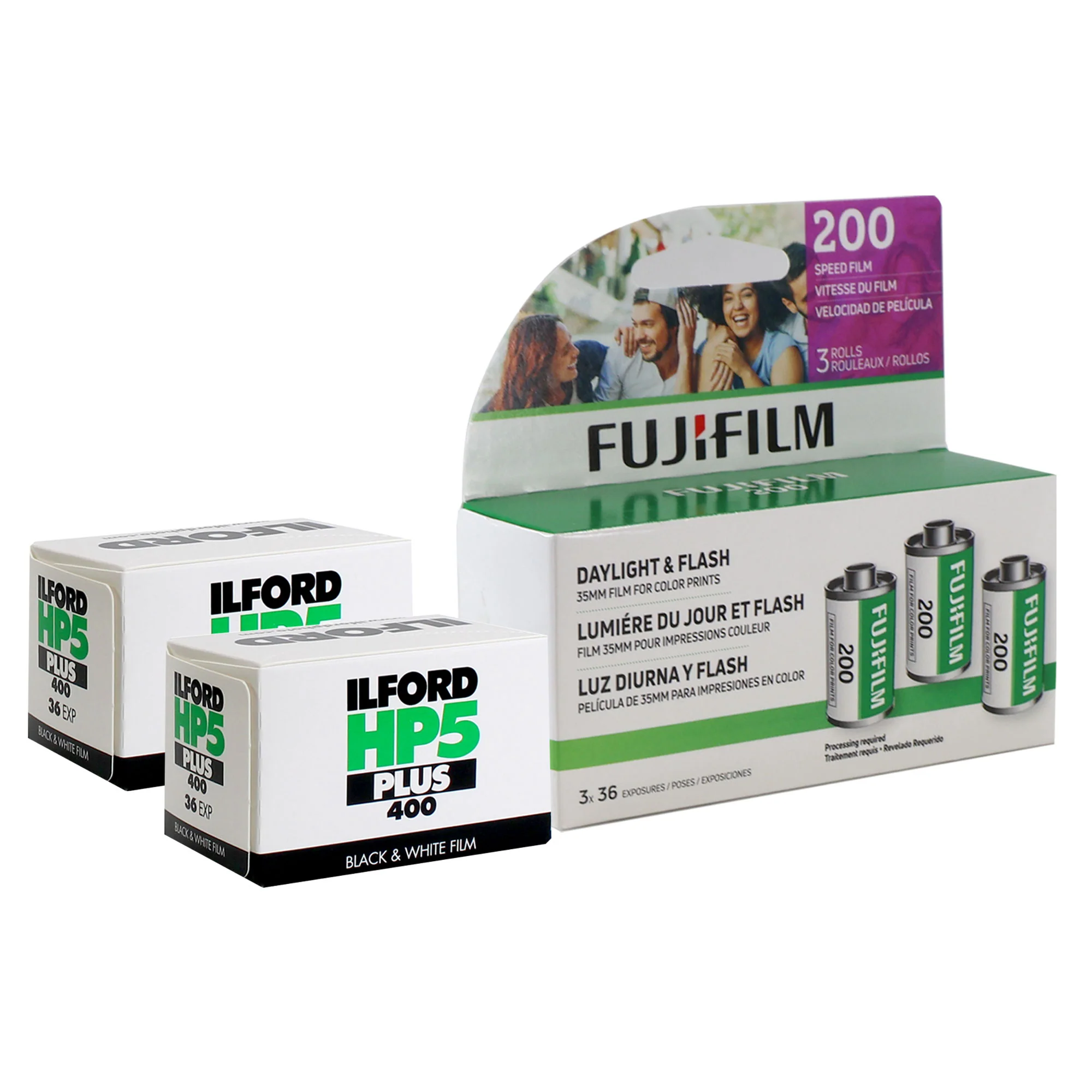 Fujifilm 200 Color Negative 35mm Film (36 Exposures) - 3 Pack with 2x Ilford HP5 Plus Black and White Negative Film (35mm Roll Film, 36 Exposures)