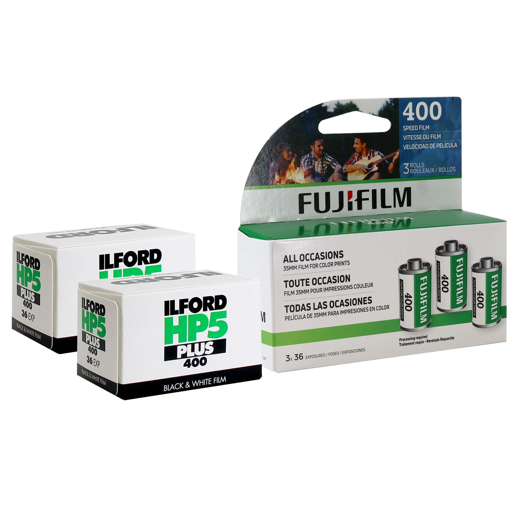 Fujifilm 400 Color Negative 35mm Film (36 Exposures) - 3 Pack with 2x Ilford HP5 Plus Black and White Negative Film (35mm Roll Film, 36 Exposures)