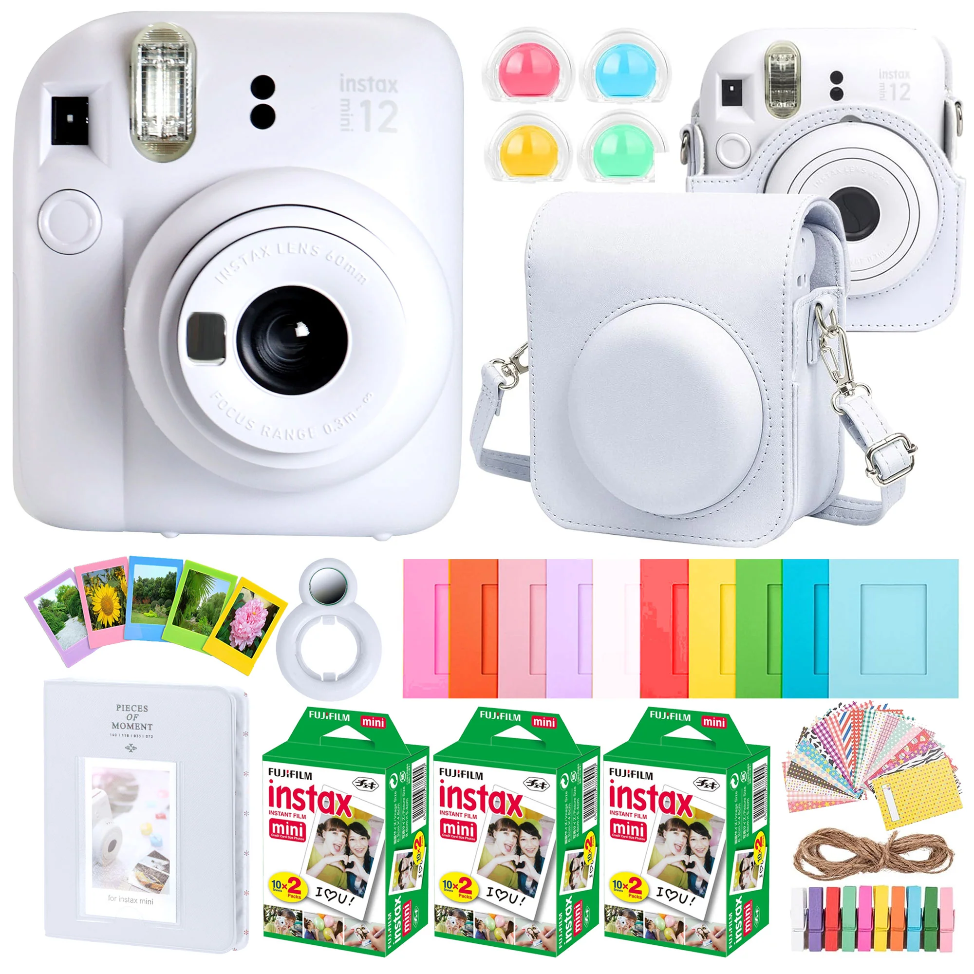 Fujifilm Instax Mini 12 Clay White All-In-One Camera Bundle Accessory Gift Set