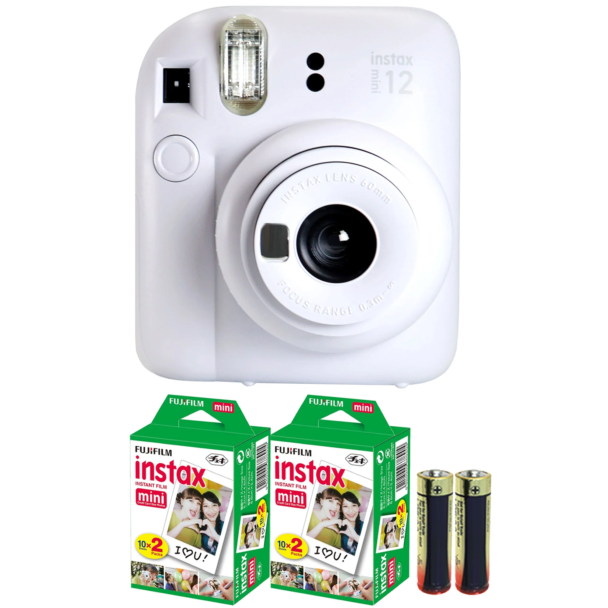 FUJIFILM INSTAX MINI 12 Instant Film Camera (Clay White) with 2x Fujifilm 2x10 Film Mini Instax Film Pack and Panasonic Alkaline 2 "AA" Batteries