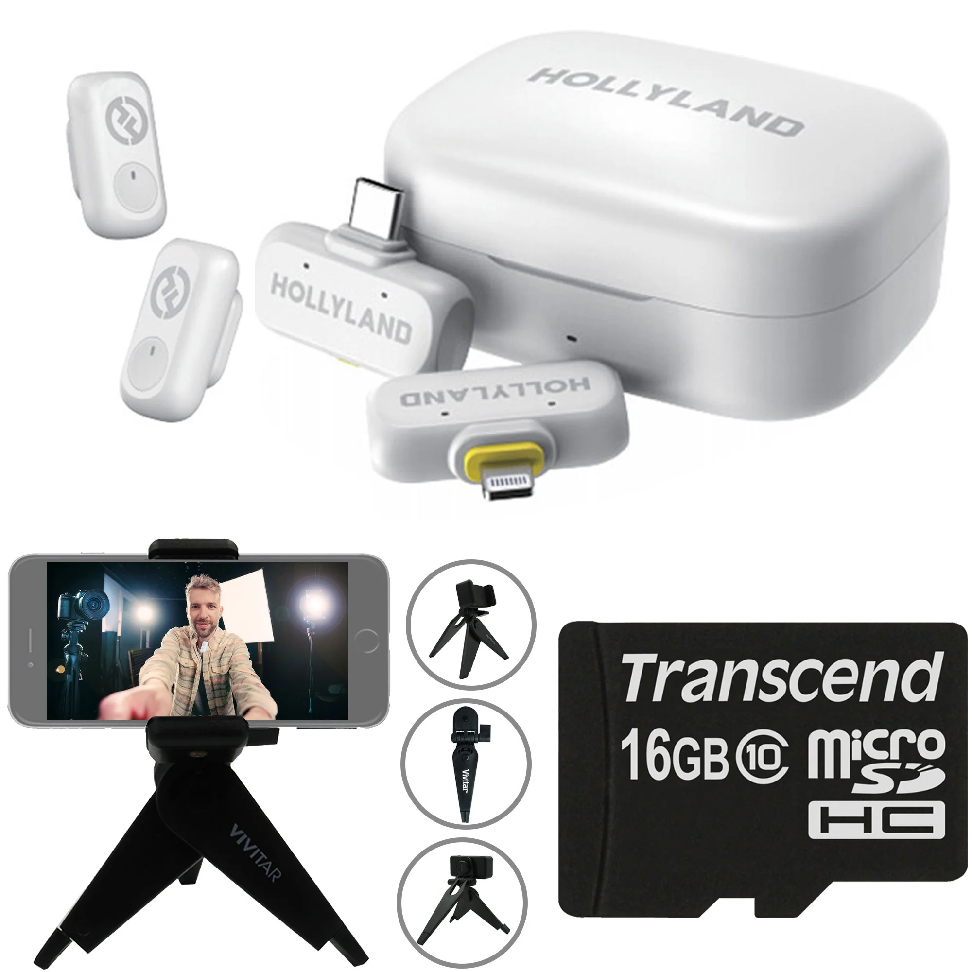 Hollyland LARK A1 Combo 2-Person Wireless Microphone System with USB-C and Lightning Connectors for Mobile Devices (Ivory White, 2.4 GHz) Video Bundle