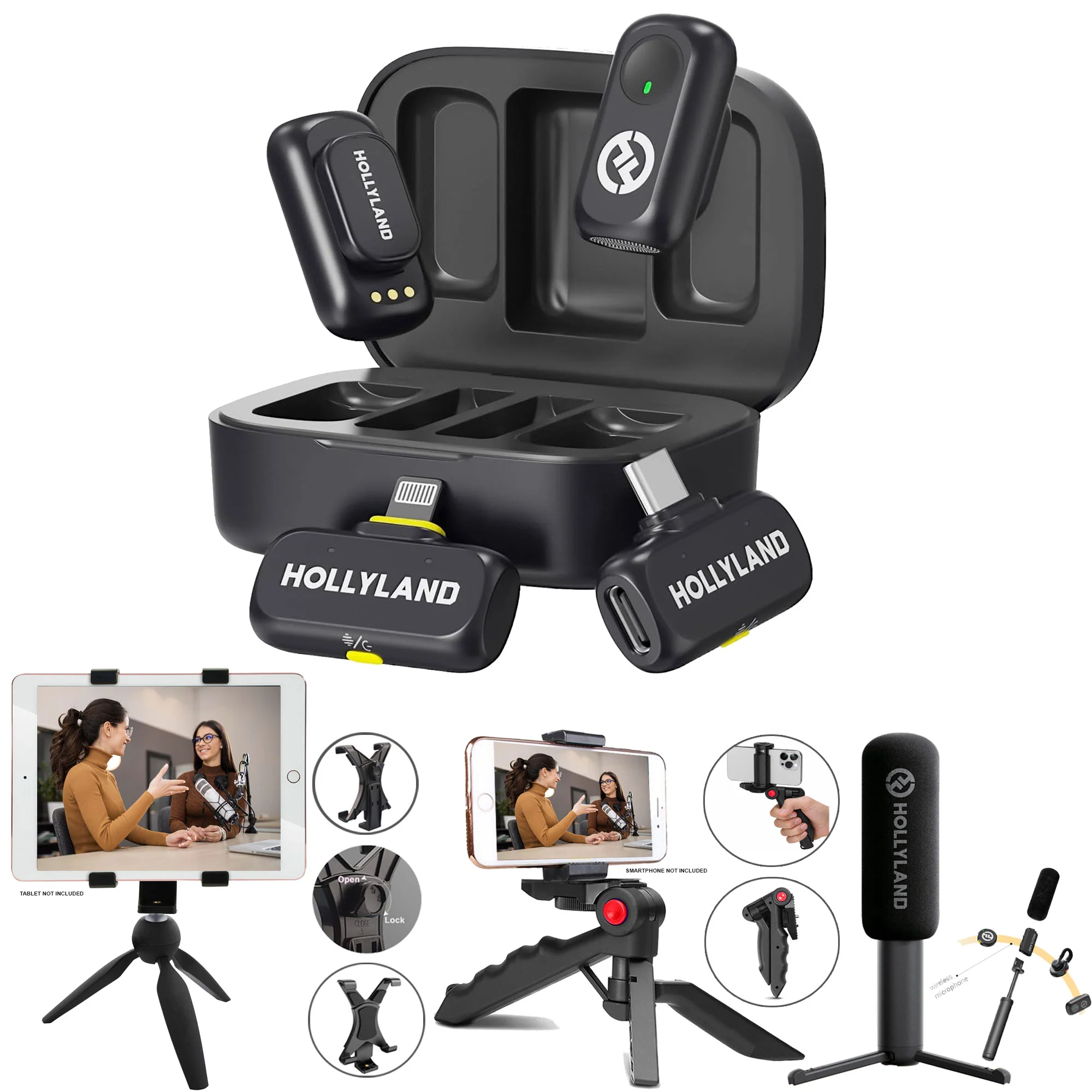 Hollyland LARK A1 Combo 2-Person Wireless Microphone System with USB-C and Lightning Connectors for Mobile Devices (Space Gray) Podcast & Interview Bundle