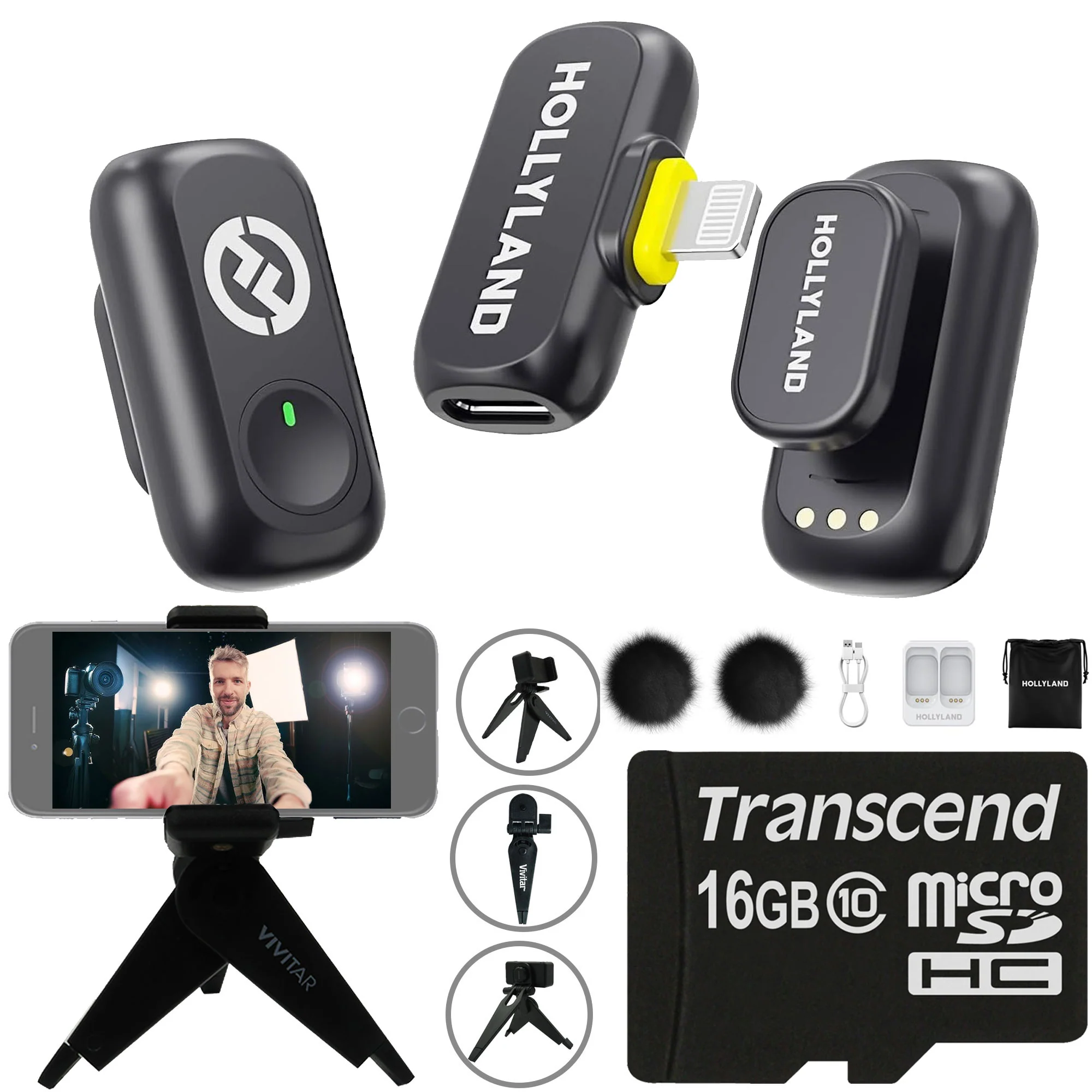 Hollyland LARK A1 Mini Duo 2-Person Wireless Mic System for iOS + 16GB MicroSD & Vivitar Selfie Tripod