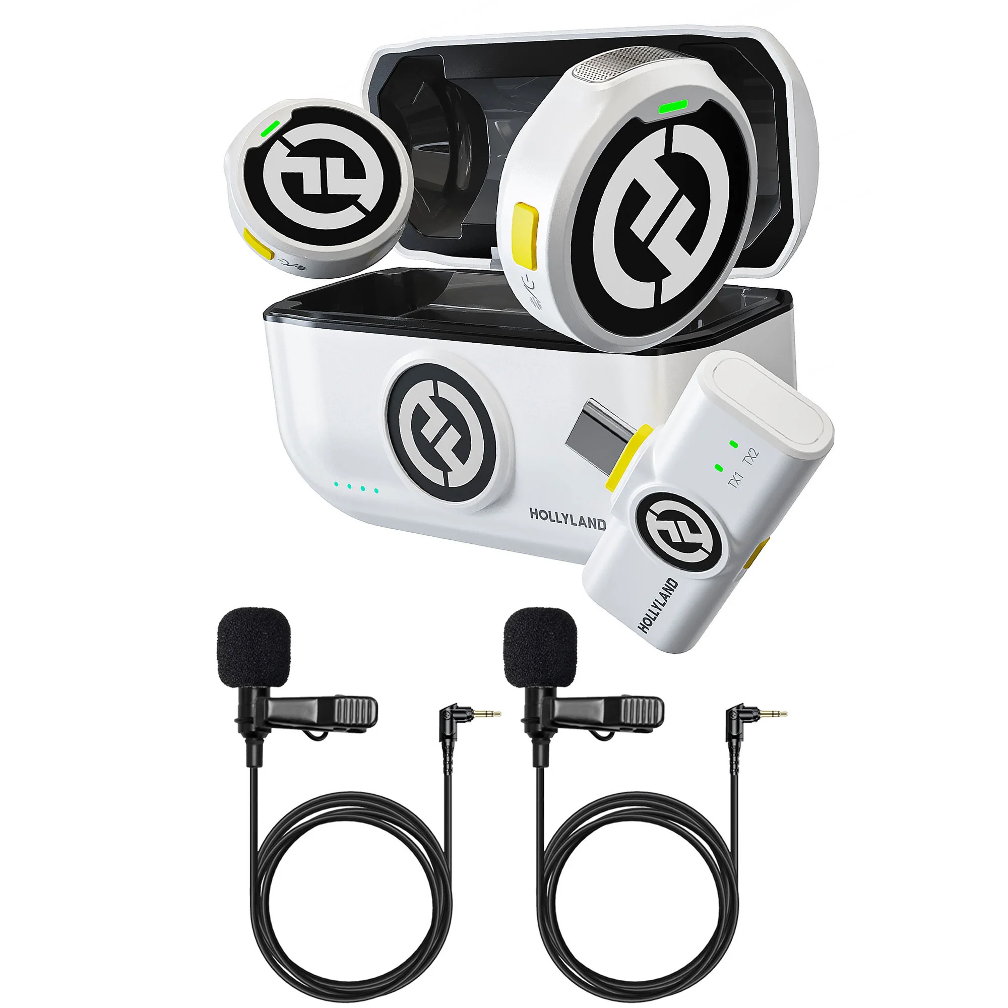 Hollyland LARK M2 DUO 2-Person Wireless Microphone System with USB-C Connector (2.4 GHz, Ivory White) + 2x Hollyland Lavalier Microphone: Omni Sound, Wide Compatibility (3.5mm)