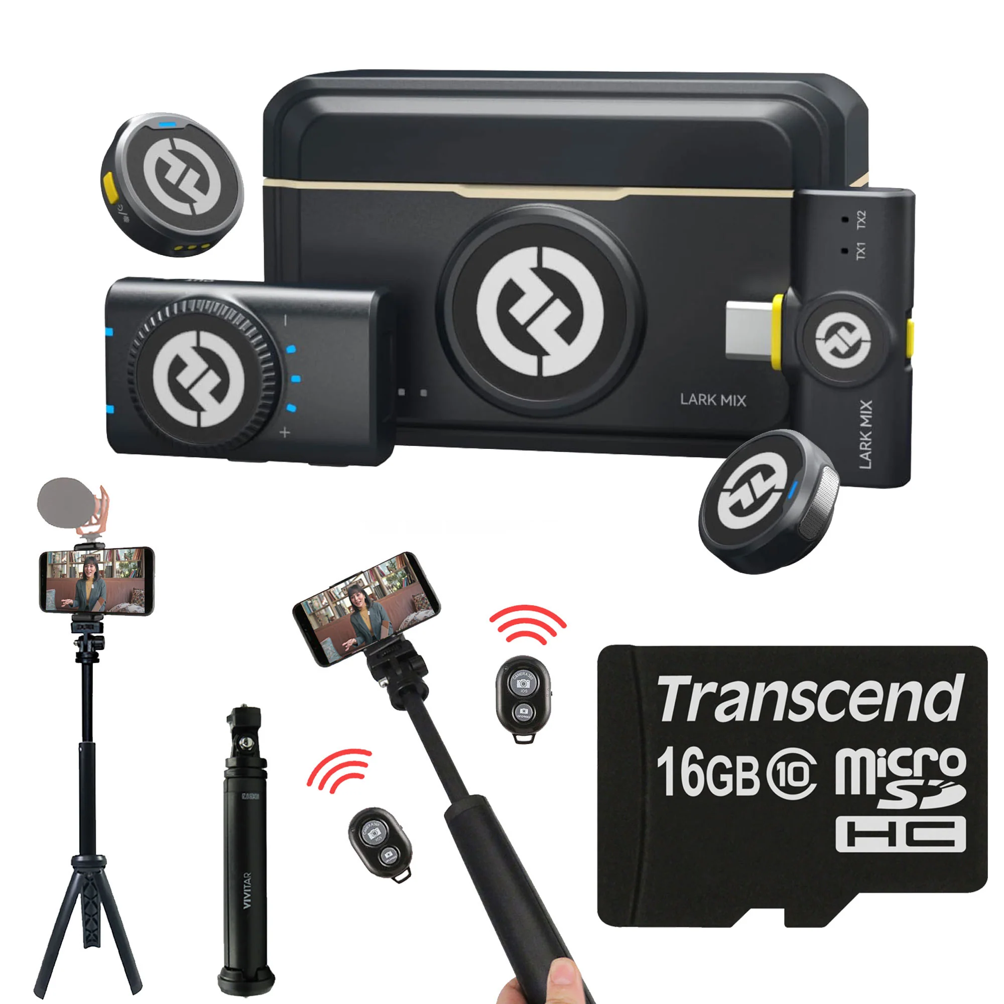 Hollyland LARK M2 2-Person Wireless Mini Combo Microphone System (Shine Charcoal) with 13'' Foldable Pocket Tripod and 16GB MicroSD Card