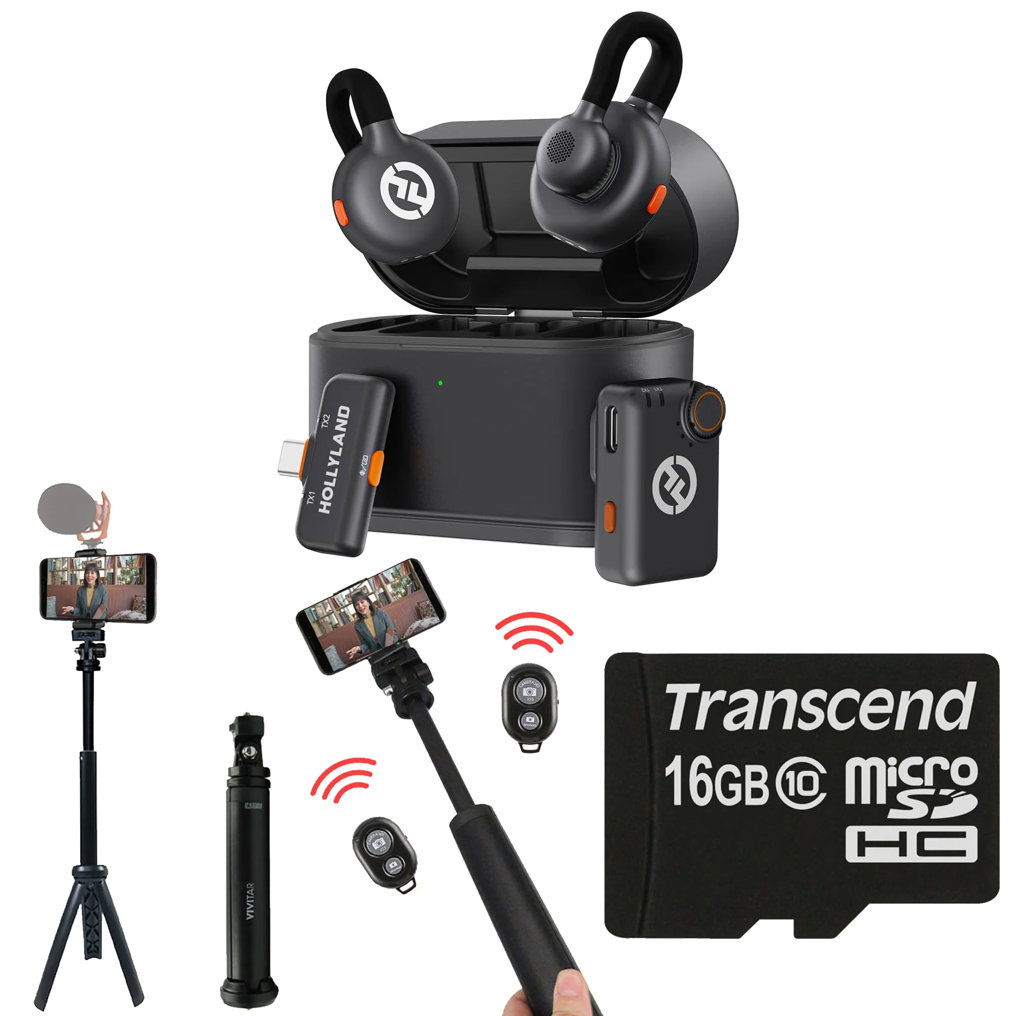 Hollyland LARK M2S Mini Combo Wireless Microphone System - Universal Compatibility (Space Gray) with Content Creation Bundle
