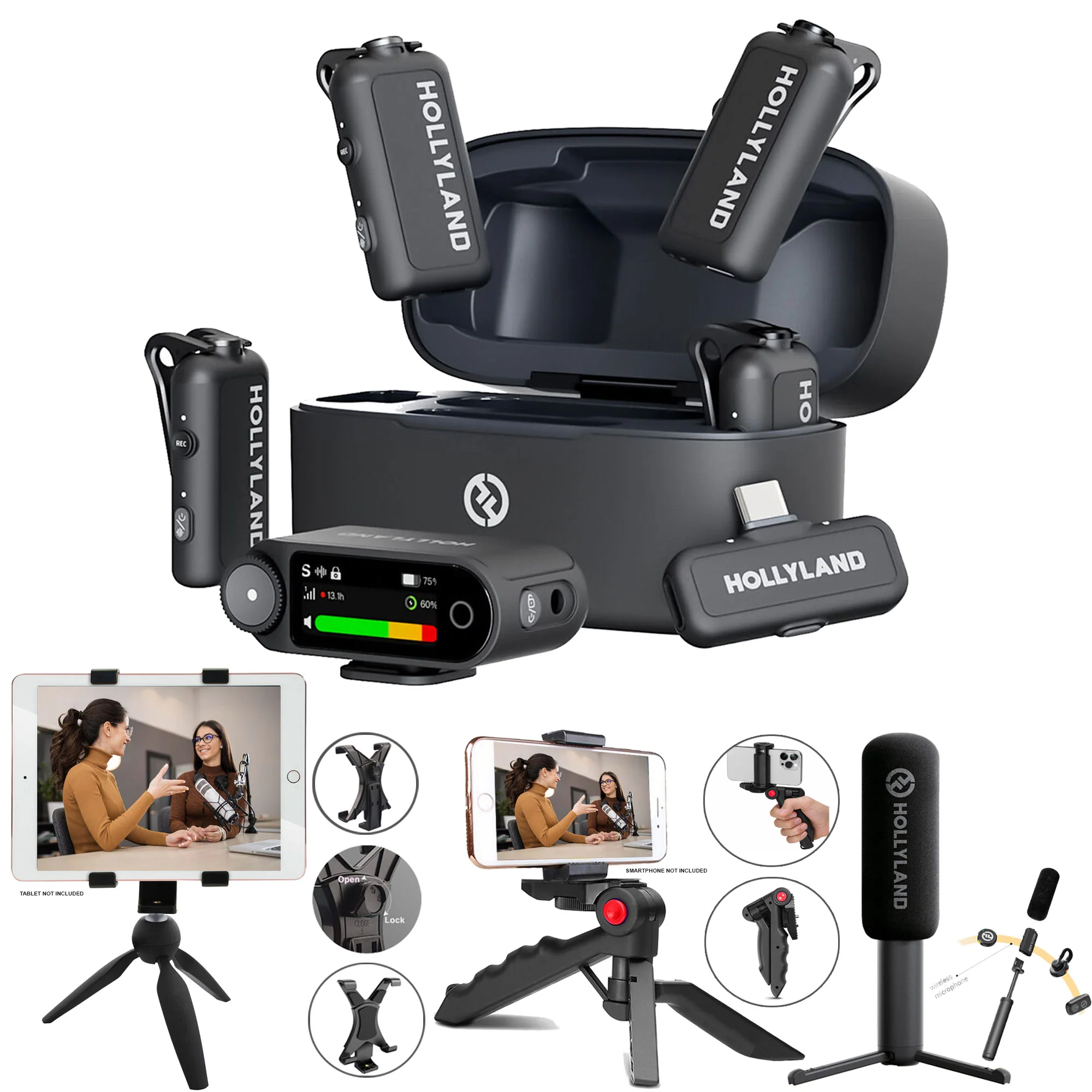 Hollyland LARK MAX 2 Combo 4-Person Wireless Microphone System for Cameras and Mobile Devices (Space Gray, 2.4 GHz) Podcast & Interview Bundle