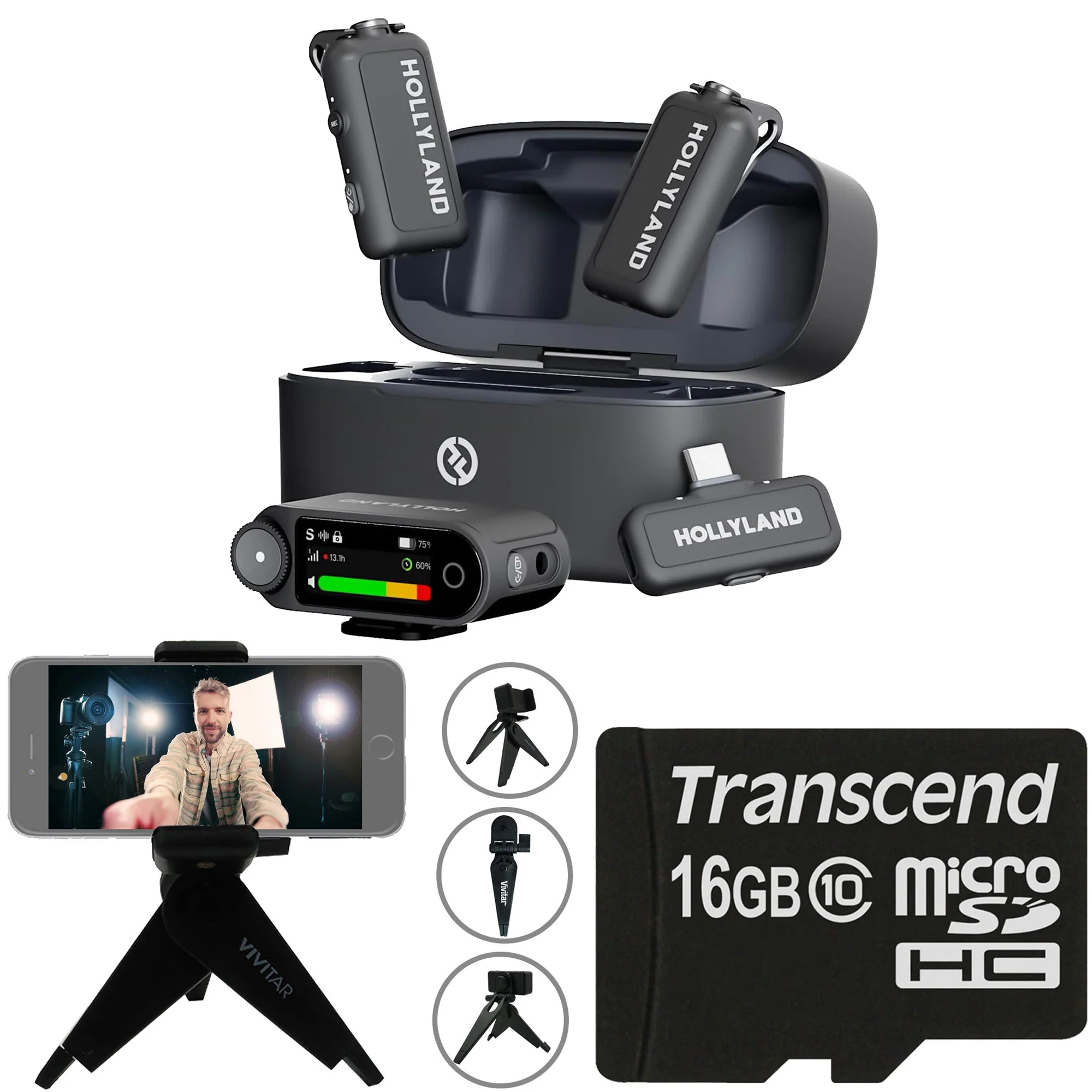 Hollyland LARK MAX 2 Combo 2-Person Wireless Mic System for Cameras & Mobile + 16GB MicroSD & Selfie Tripod