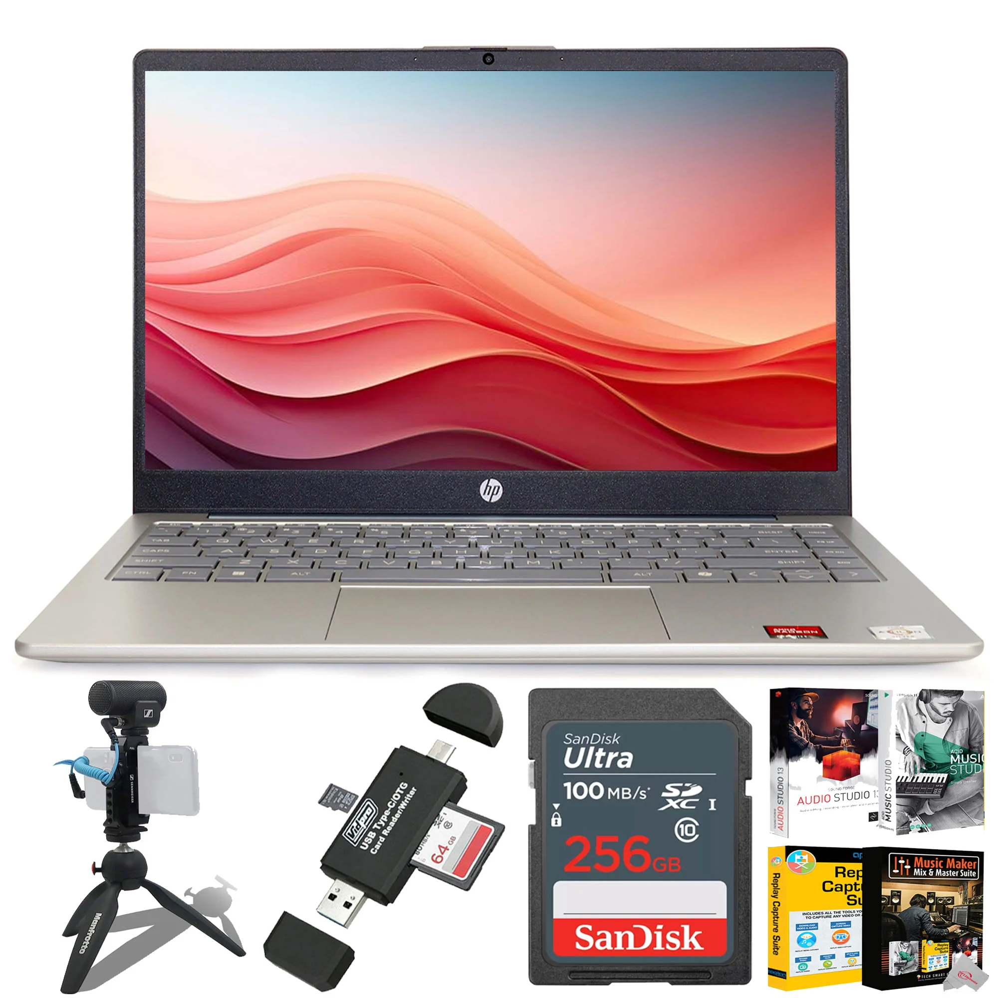 HP 14" HD Windows Laptop AMD Athlon 7120 - 4GB RAM, 128GB UFS (Moonlight Blue) with Sennheiser Professional MKE 200 Mobile Kit Bundle