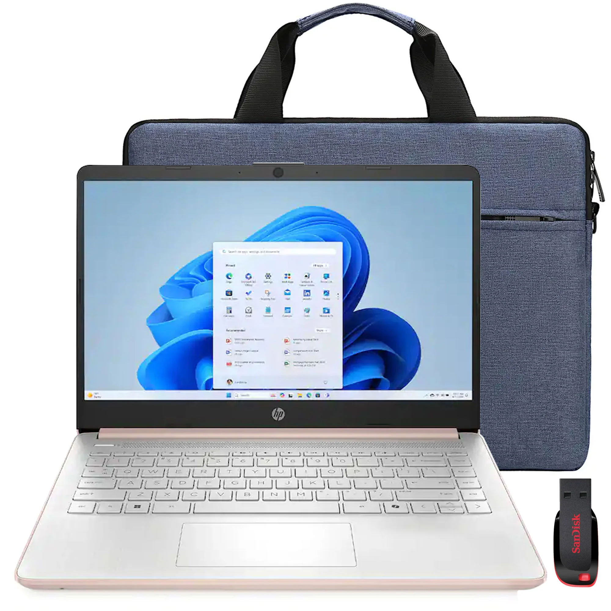 HP 14" Laptop Intel Celeron N4500 2021 - 4GB Memory, 64GB eMMC (Pale Rose Gold) with Splash Proof Bag and SanDisk Cruzer Blade USB Flash Drive - 128GB
