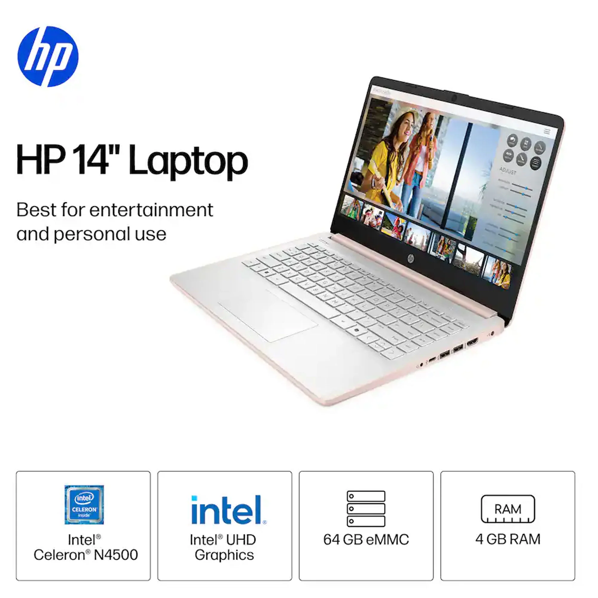 HP 14" Laptop - Intel Celeron N4500 - 4GB Memory, 64GB eMMC (Pale Rose Gold) + Splash Proof Laptop Bag - Image 3