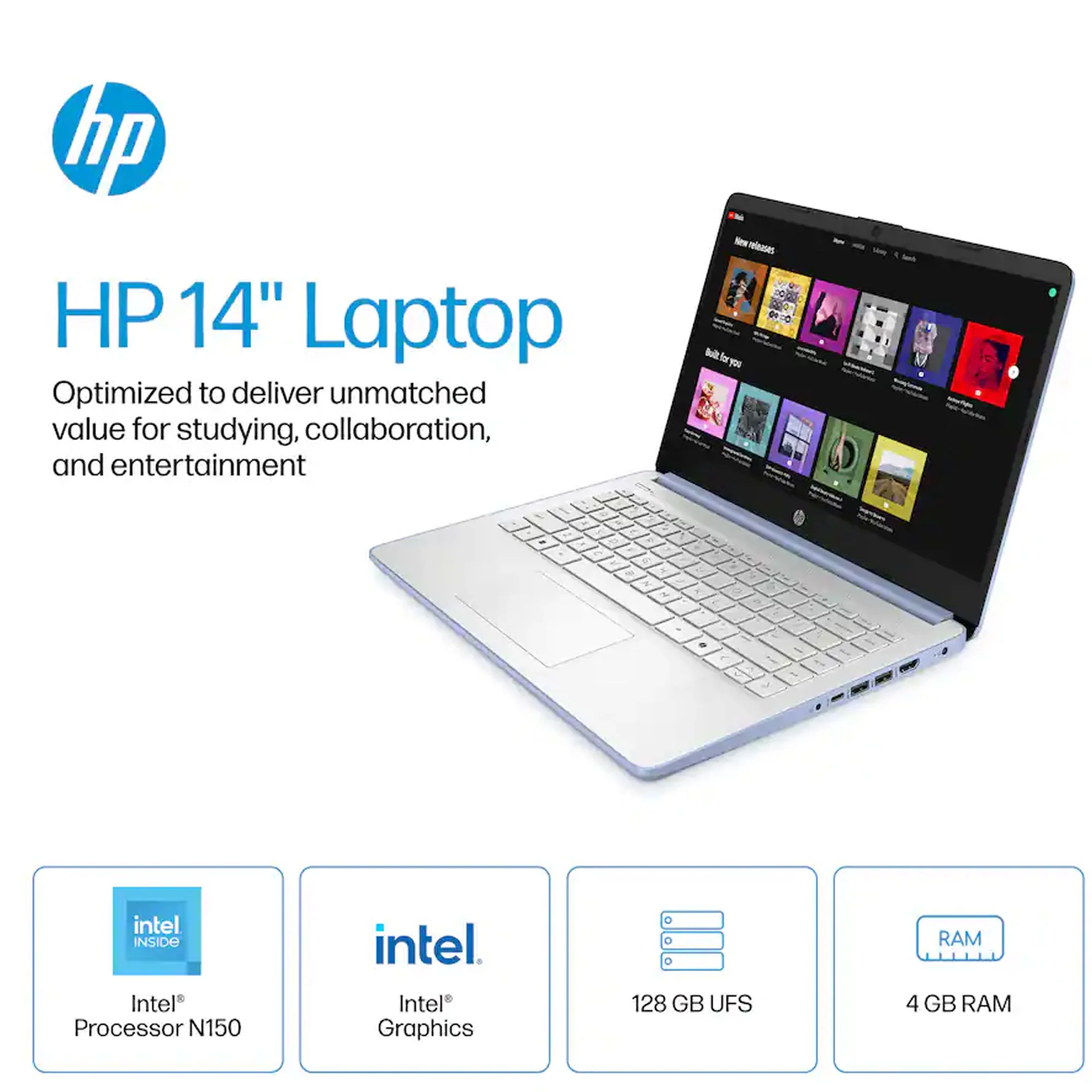 HP 14" Laptop - Intel Processor N150 2025 - 4GB Memory, 128GB UFS (Sky Blue) - Image 6