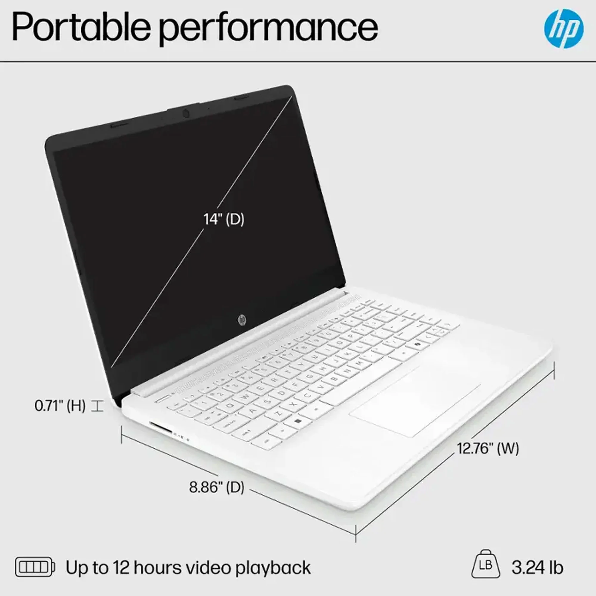 HP 14-Inch Laptop with Intel Celeron N4500 Processor, 4GB RAM, 64GB eMMC Storage – Snowflake White + Cables - Image 3
