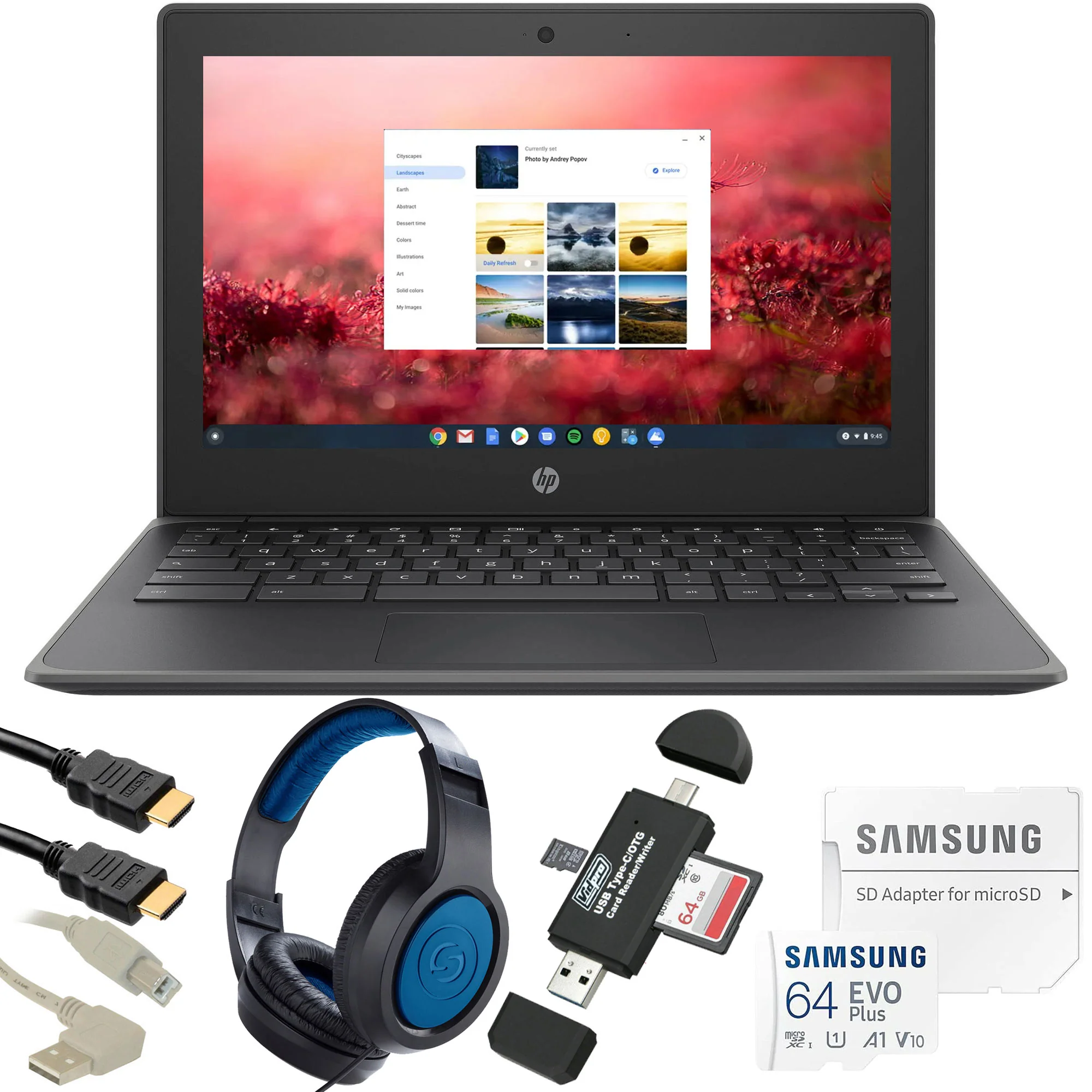 HP 11.6" 32GB Chromebook 11 G8 EE Laptop with Samson SR350 Over-Ear Stereo Headphones (Special Edition Blue) Accessory Bundle