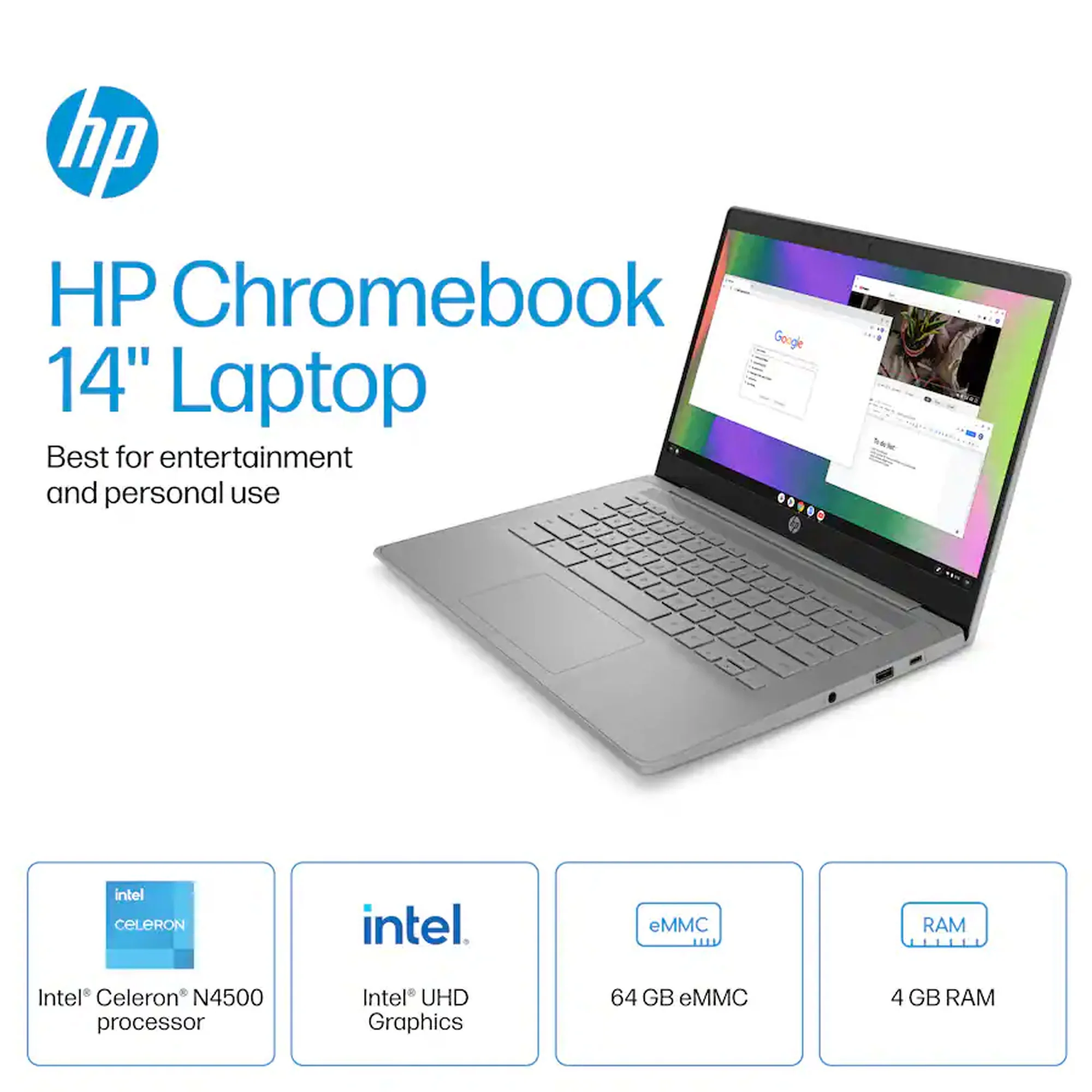 HP Chromebook 14" HD Laptop -  Intel Celeron N4500 - 4GB Memory, 64GB eMMC (Modern Grey) - Image 6