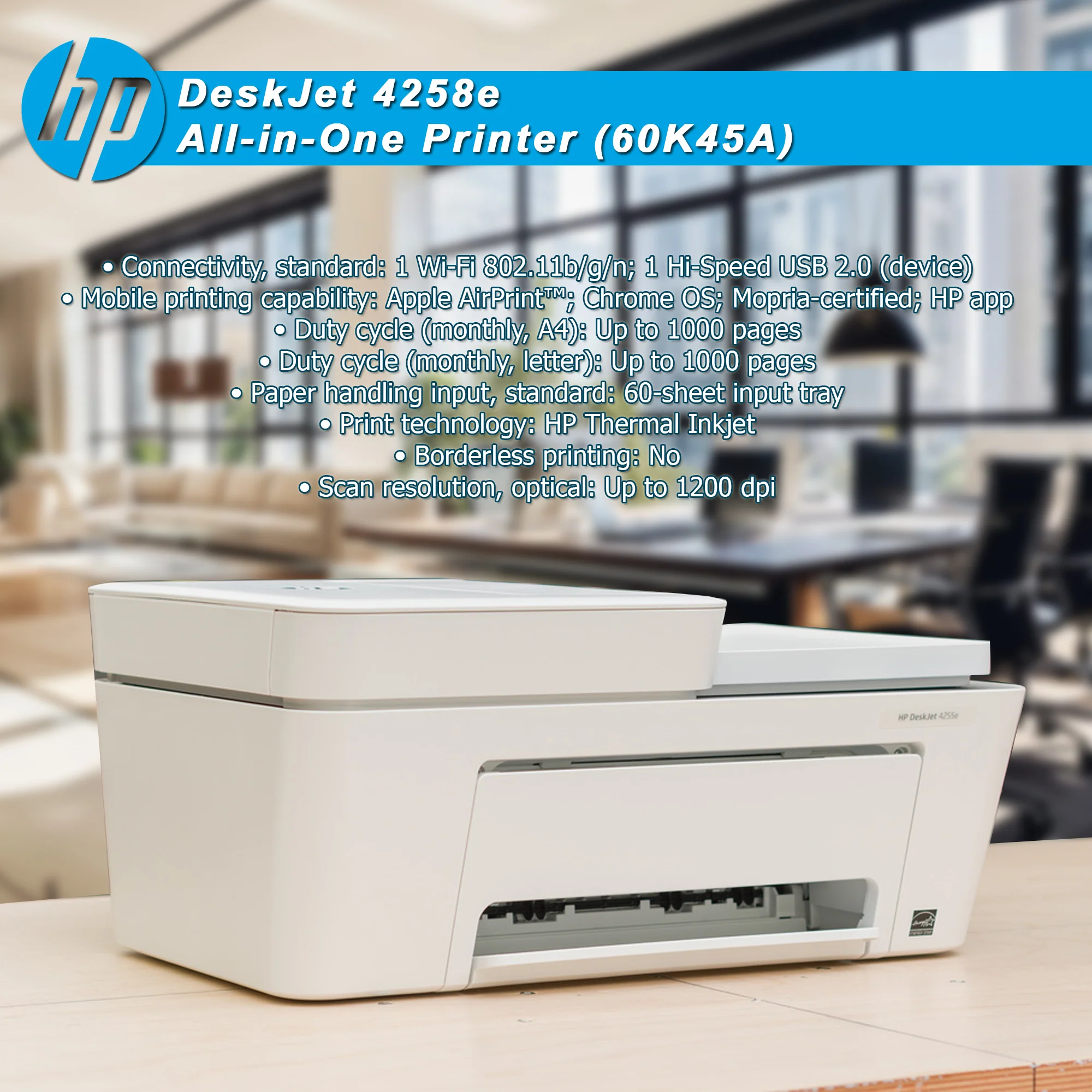HP DeskJet 4258e All-in-One Printer (60K45A) with 10ft Angle USB 2.0 Type A Male To B Male Cable and Printer Essentials Digital Download Card for PC - Image 7