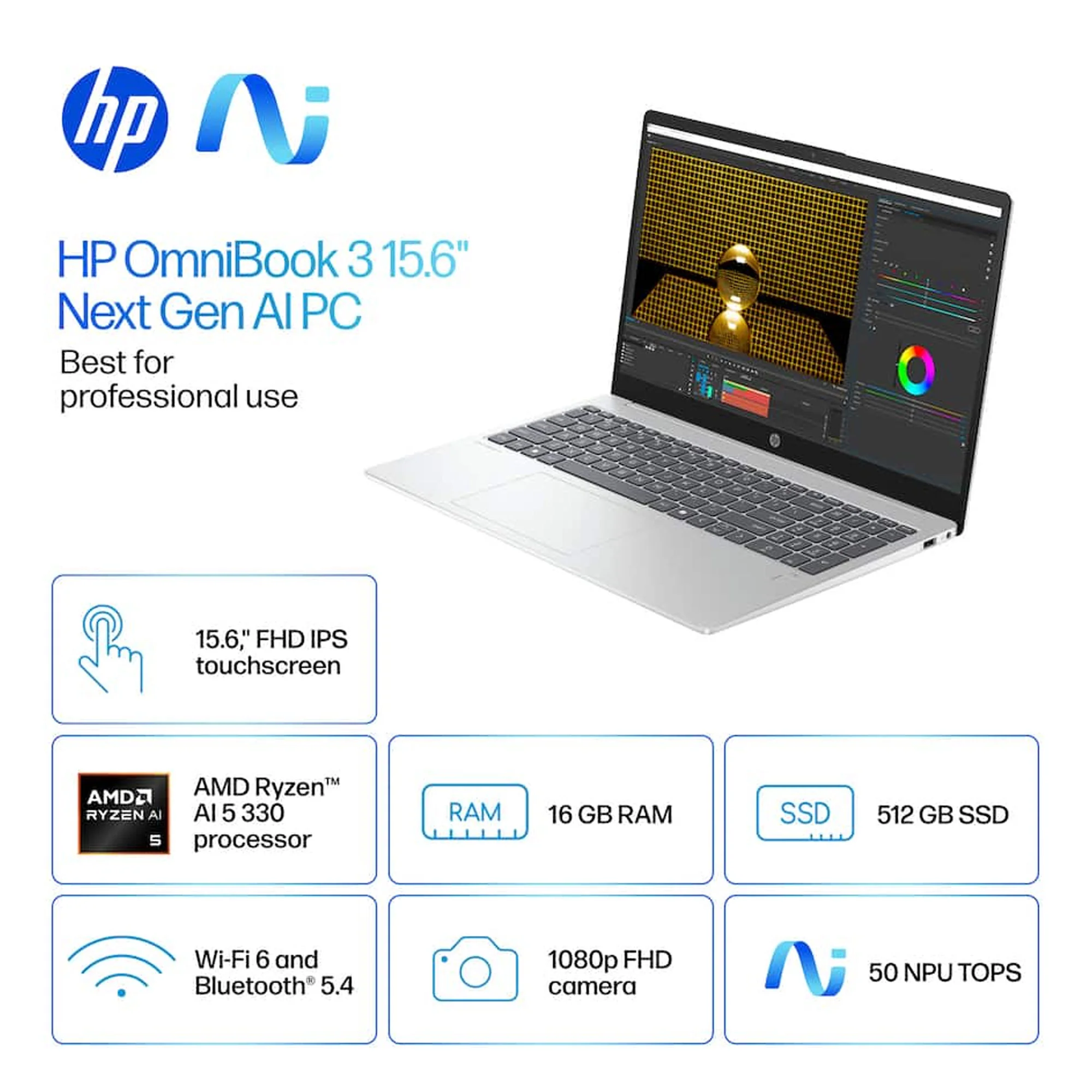 HP OmniBook 3 Copilot+ PC 15.6" Full HD Touch-Screen Laptop - AMD Ryzen 5 AI 5 330 2025 - 16GB Memory, 12GB SSD (Glacier Silver) Complete Office Work Bundle - Image 4