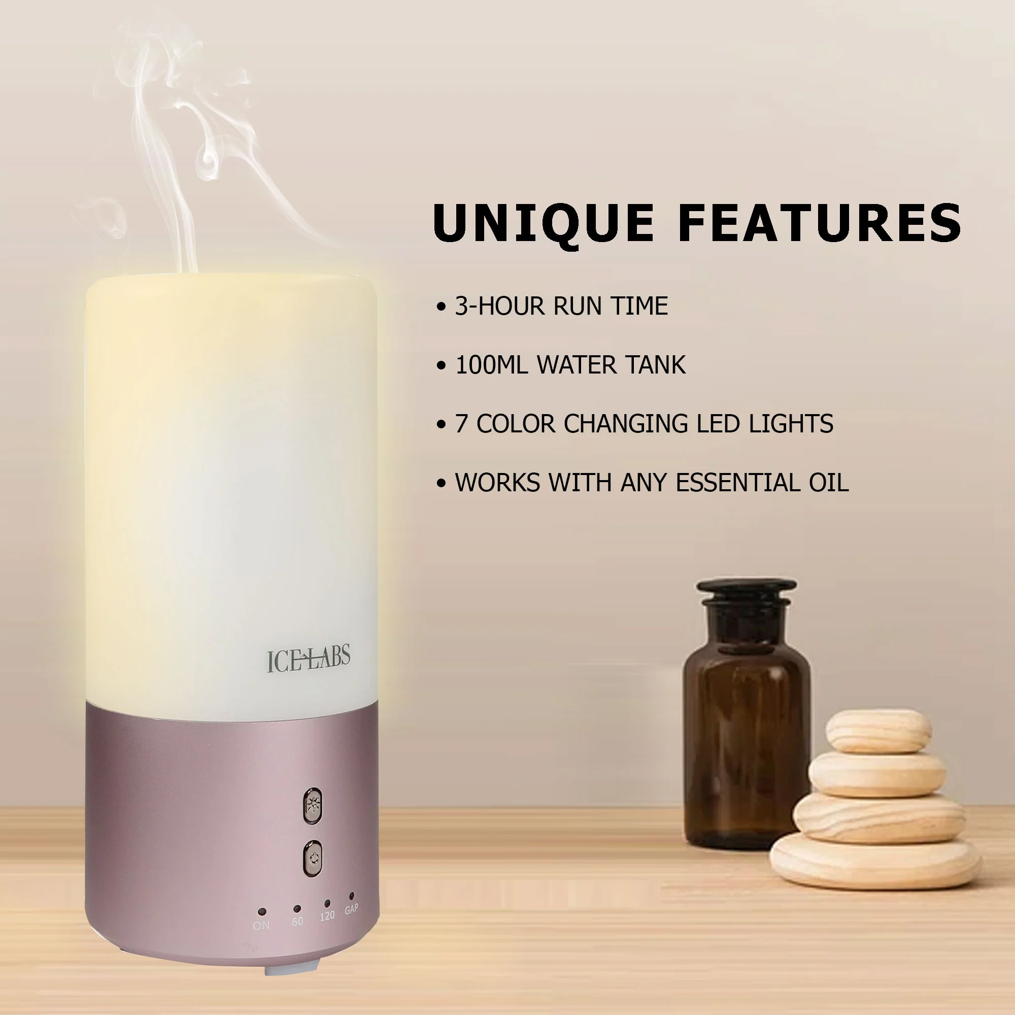 IceLabs Essential Oils Aluminum Alloy Ultrasonic AromaTherapy Aroma Diffuser with 7 LED Changing Color Lights (Rose Gold) - Image 11