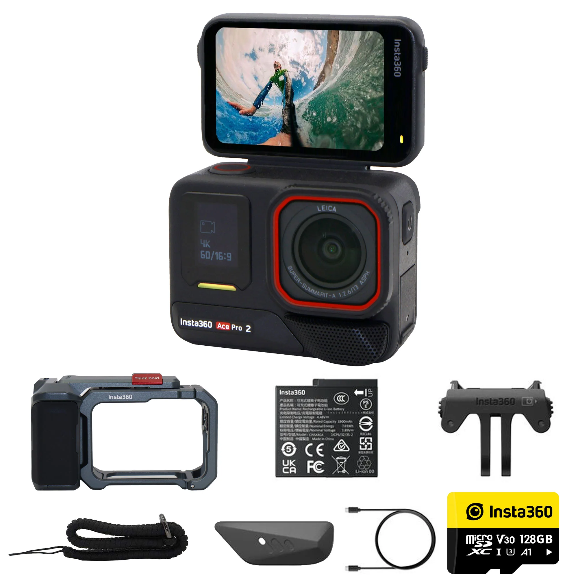 Insta360 Ace Pro 2 Xplorer Dual Battery Waterproof Action Camera Bundle with 128GB Card and 7-in-1 Streaming Essentials Selfie Tripod Stick - Image 2