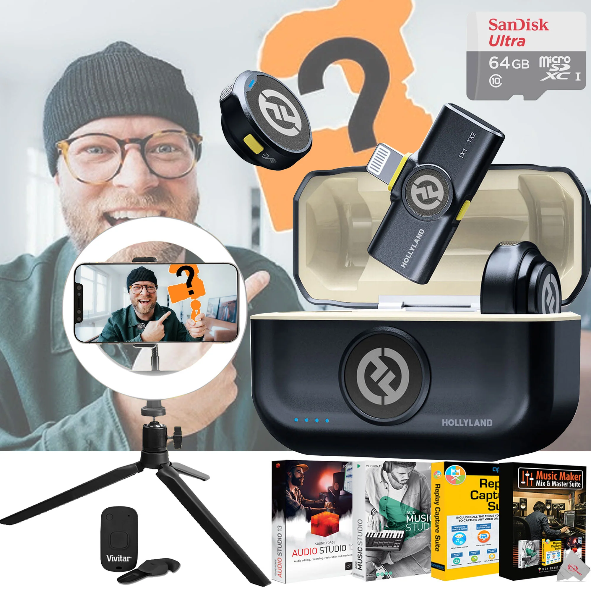 Hollyland LARK M2 Wireless Lavalier Microphone with Lightning Plug (Duo,Shine Charcoal) Accessory Bundle