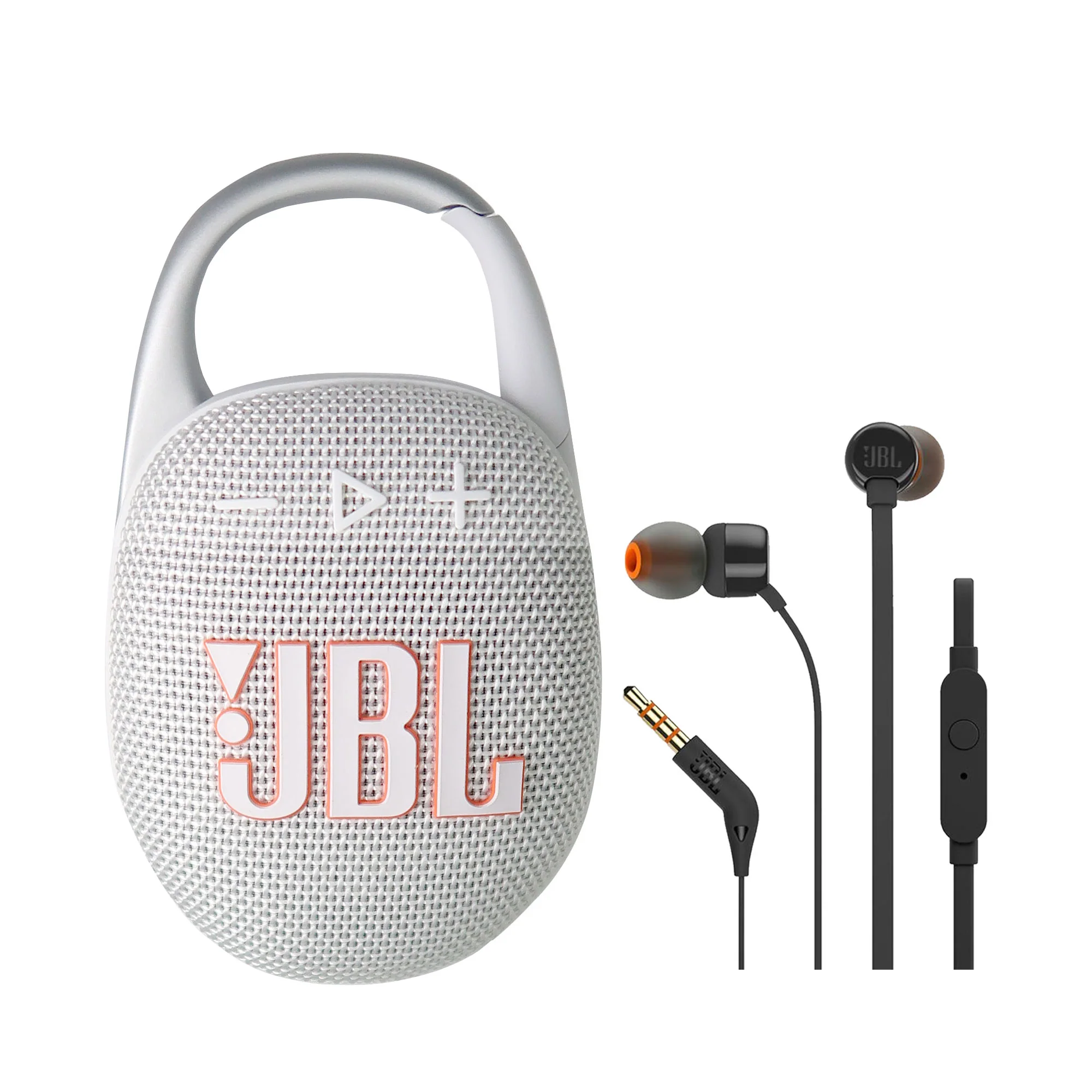 JBL Clip 5 Portable Waterproof Wireless Speaker (White) with JBL T110 In-Ear Headphones (Black) - Image 2