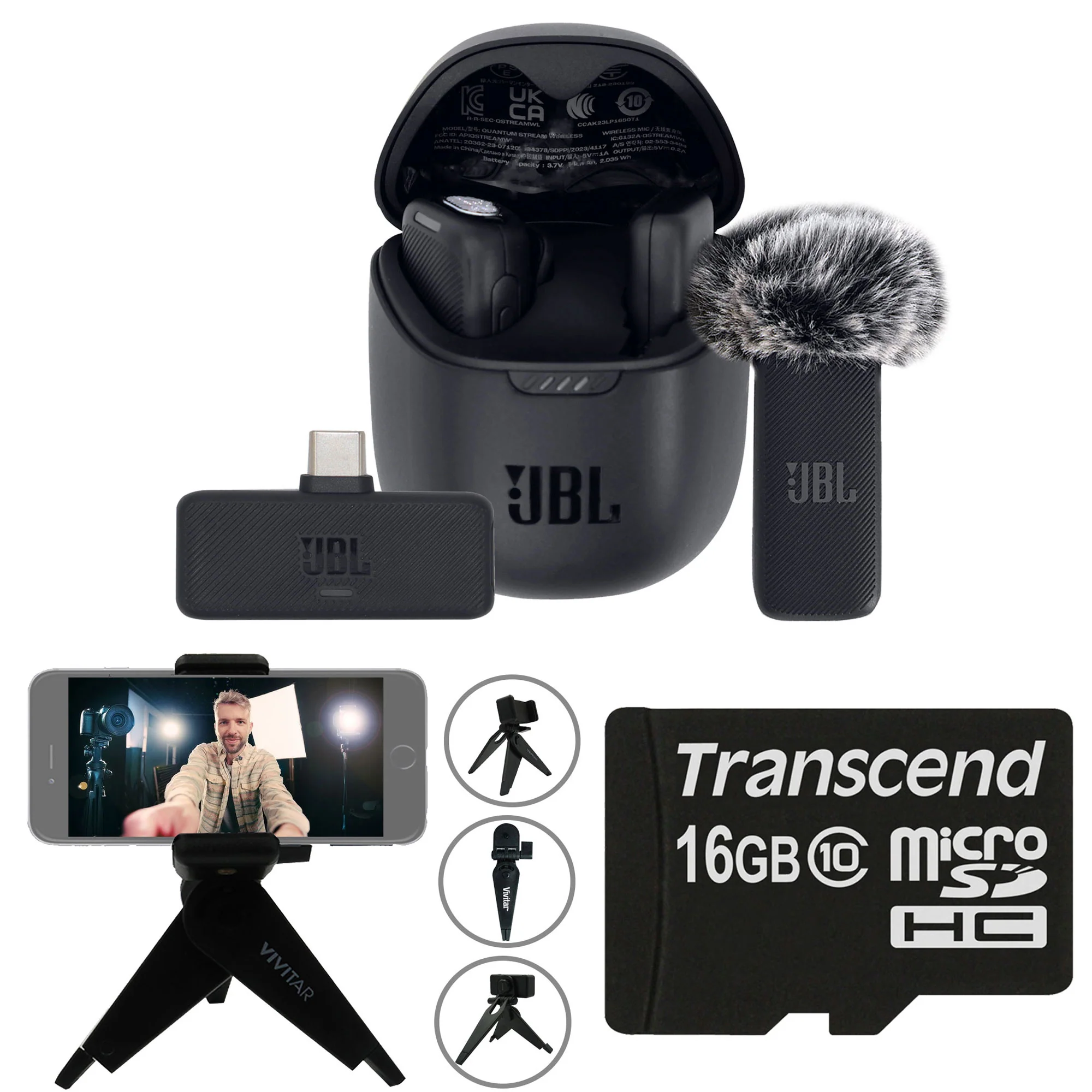 JBL Quantum Stream Wireless Clip-On Microphone System for USB-C Devices (2.4 GHz) with Audio Video Recording Bundle