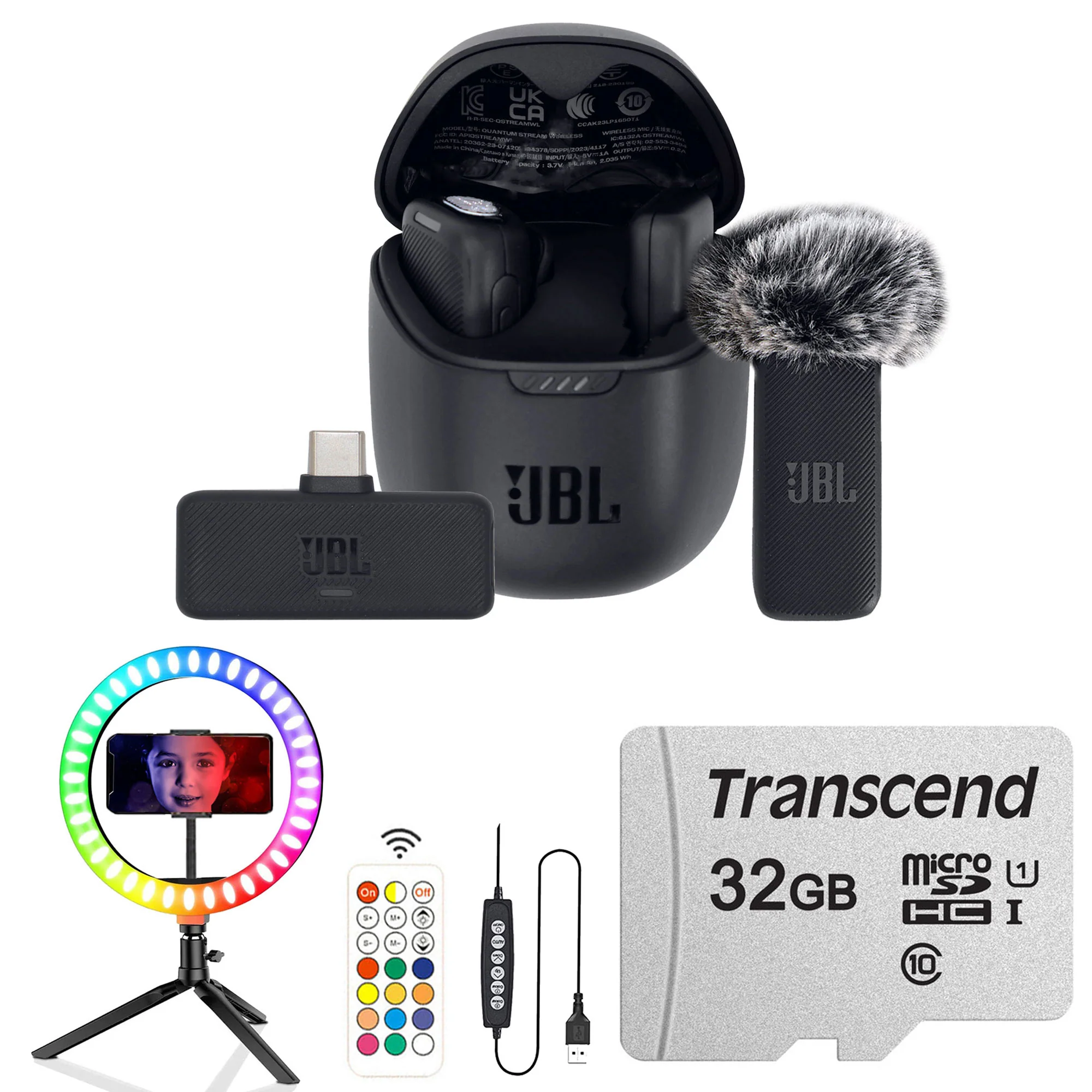 JBL Quantum Stream Wireless Clip-On Microphone System for USB-C Devices (2.4 GHz) with Complete Podcasting Bundle