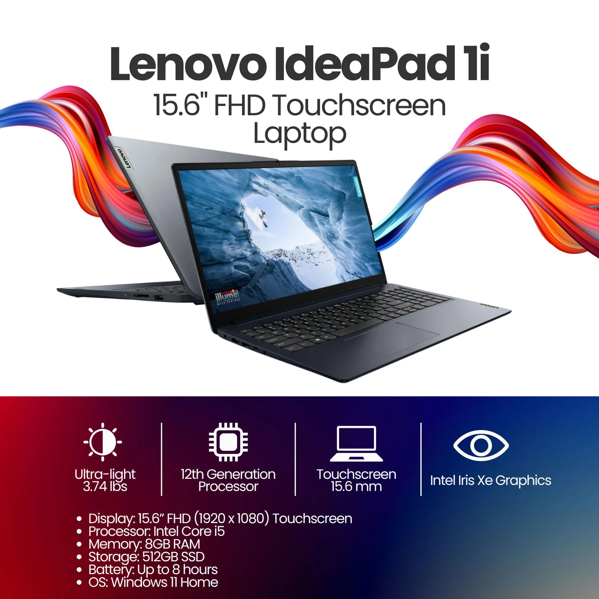 Lenovo IdeaPad 1i 15.6" FHD Touch i5 12th Gen 8GB RAM 512GB SSD Laptop Abyss Blue - Image 2