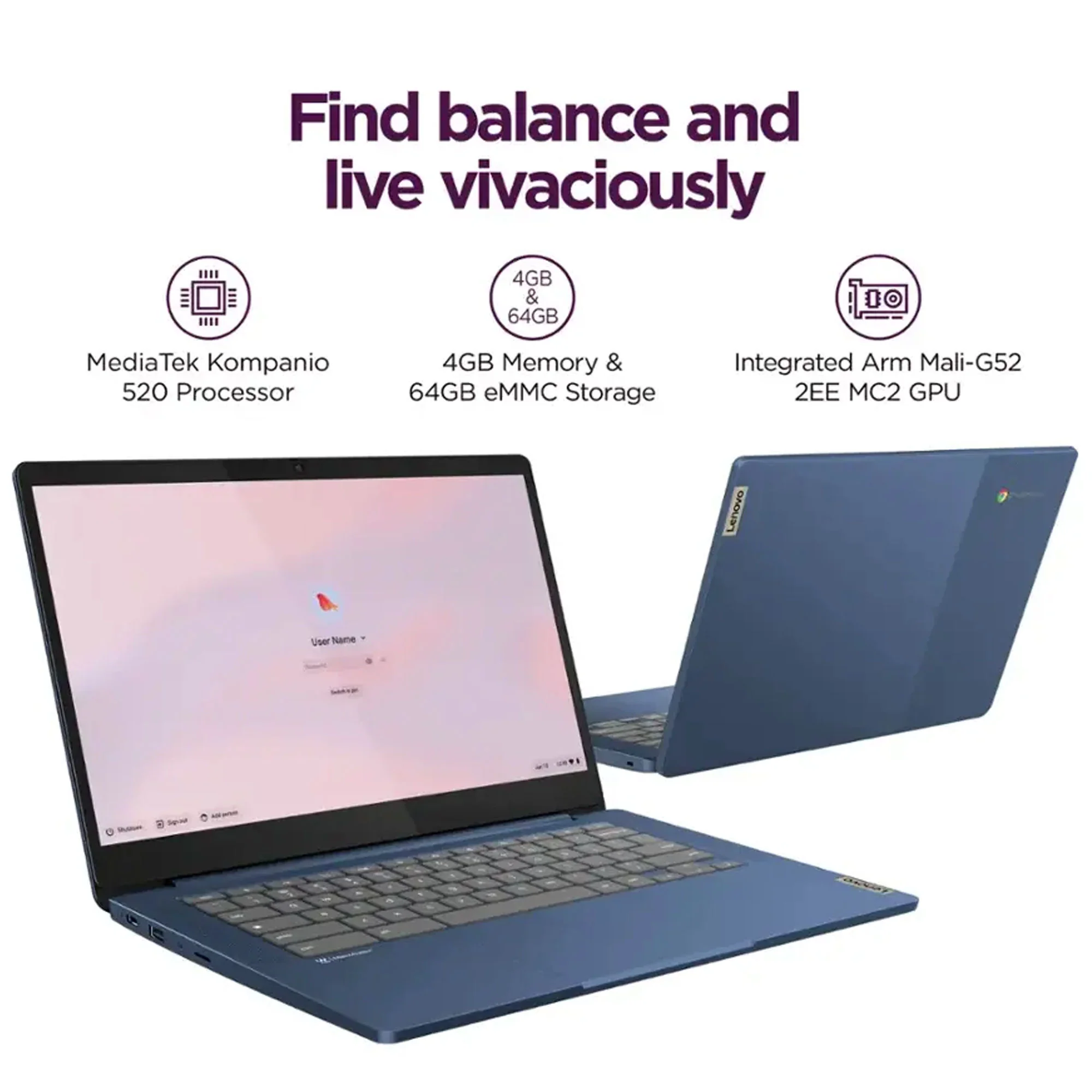 Lenovo IdeaPad Slim 3 Chromebook 14" Full HD Laptop - MediaTek Kompanio 520 - 4GB Memory - 64GB eMMC (Abyss Blue) - Image 6