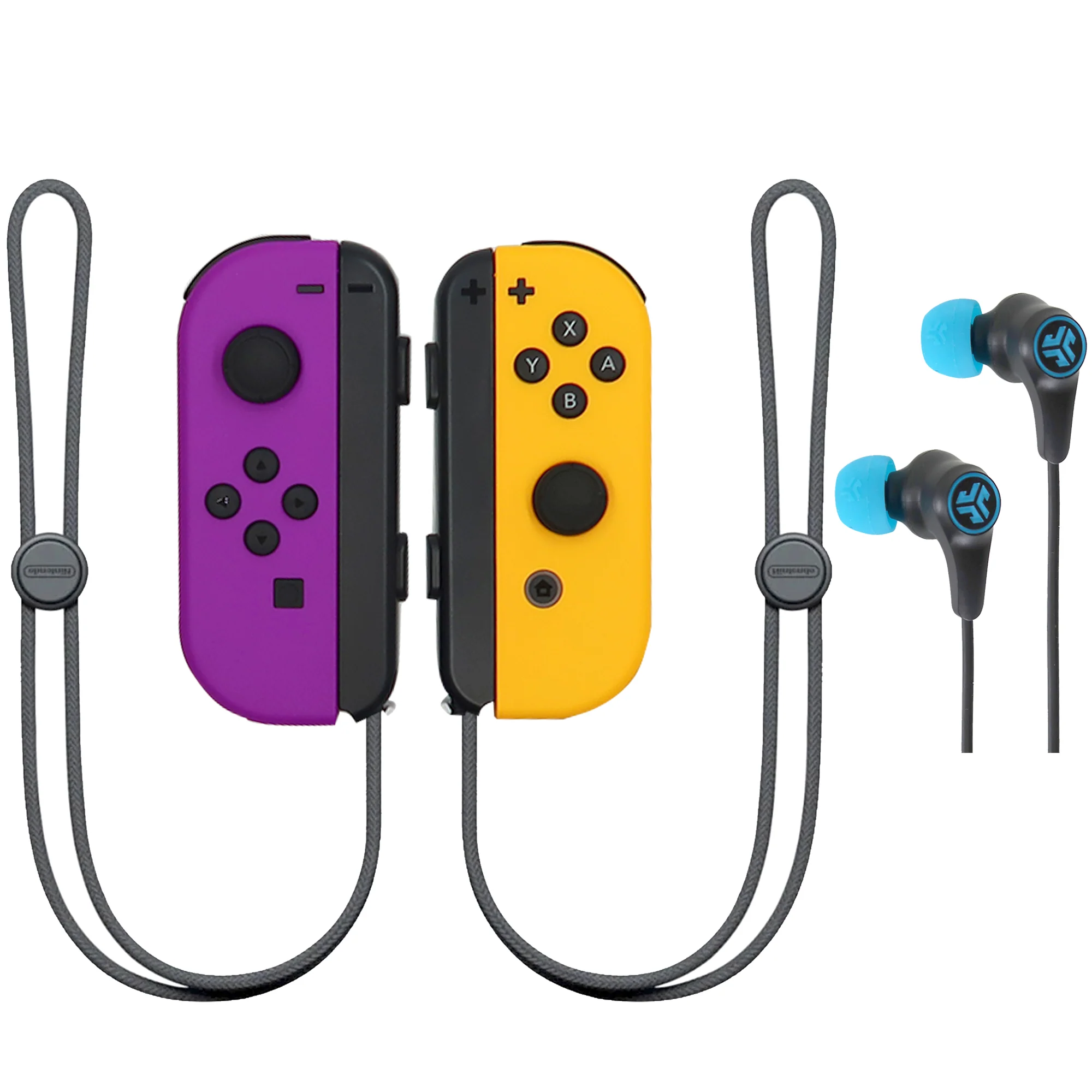 Nintendo Switch Joy-Con Controllers (Neon Purple / Neon Orange) with JLab Play Gaming Wireless Bluetooth Earbuds