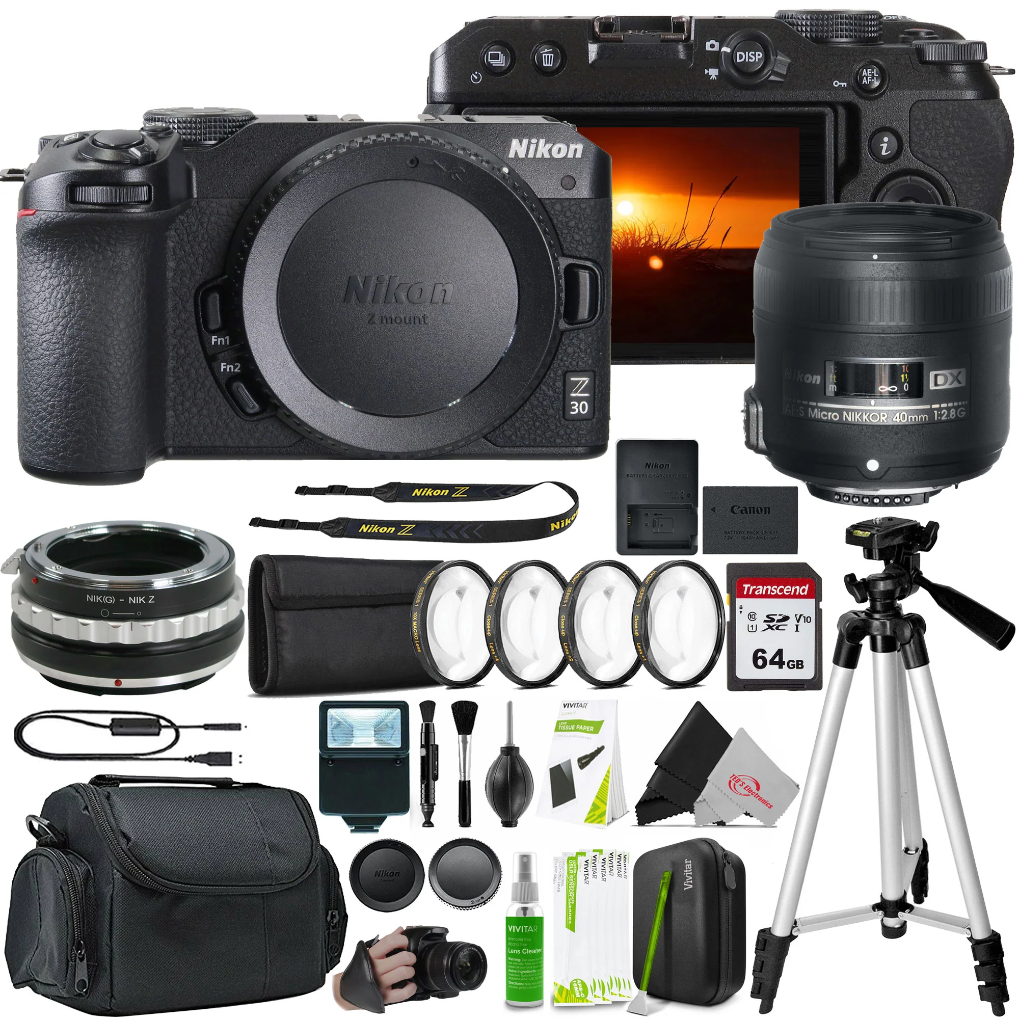 Nikon Z30 Mirrorless Camera with AF-S DX Micro-NIKKOR 40mm f/2.8G Close-up Lens and F to Z Adapter Enhanced Macro Kit