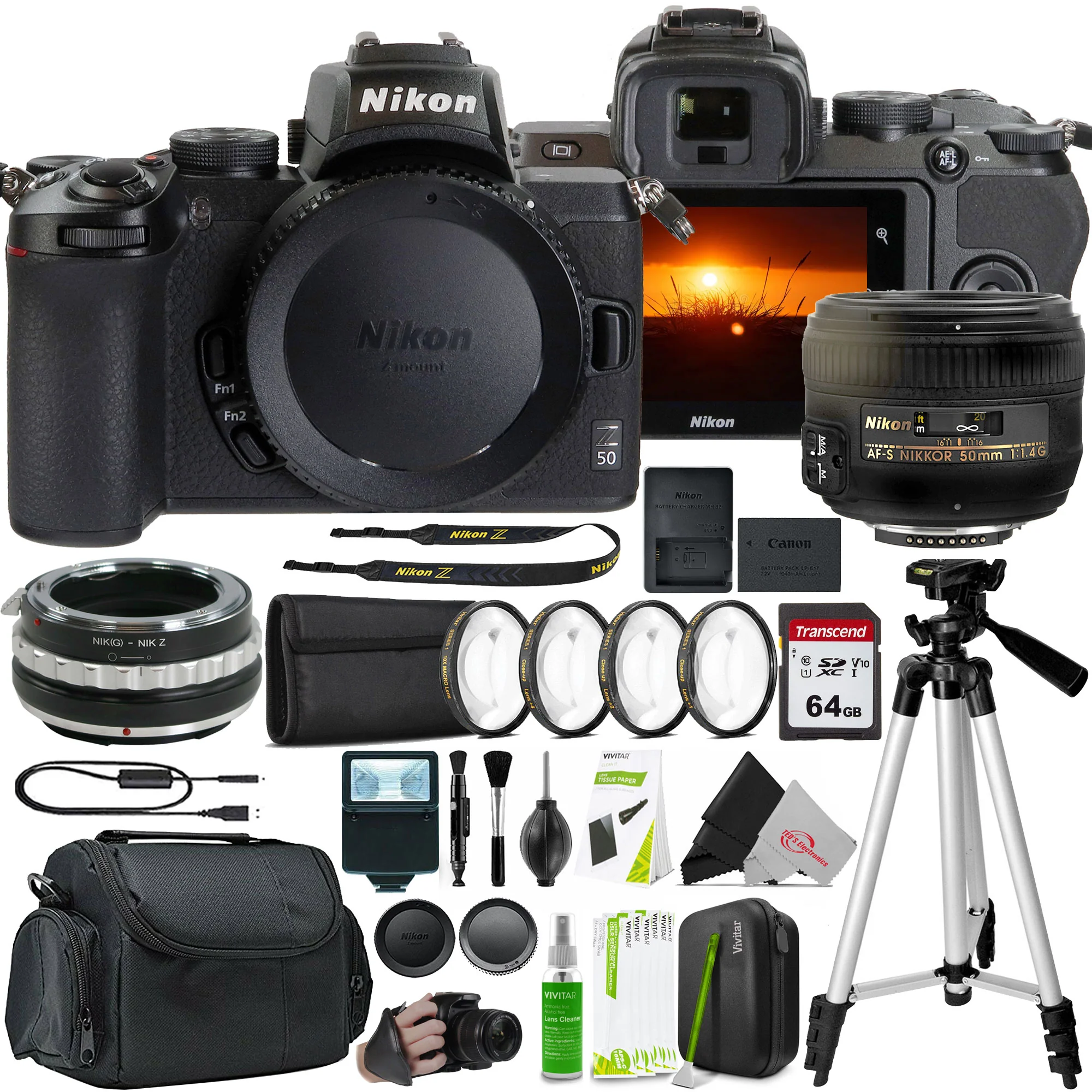 Nikon Z50 Mirrorless Digital Camera with AF-S NIKKOR 50mm f/1.4G Lens and F to Z Adapter Enhanced Macro Kit