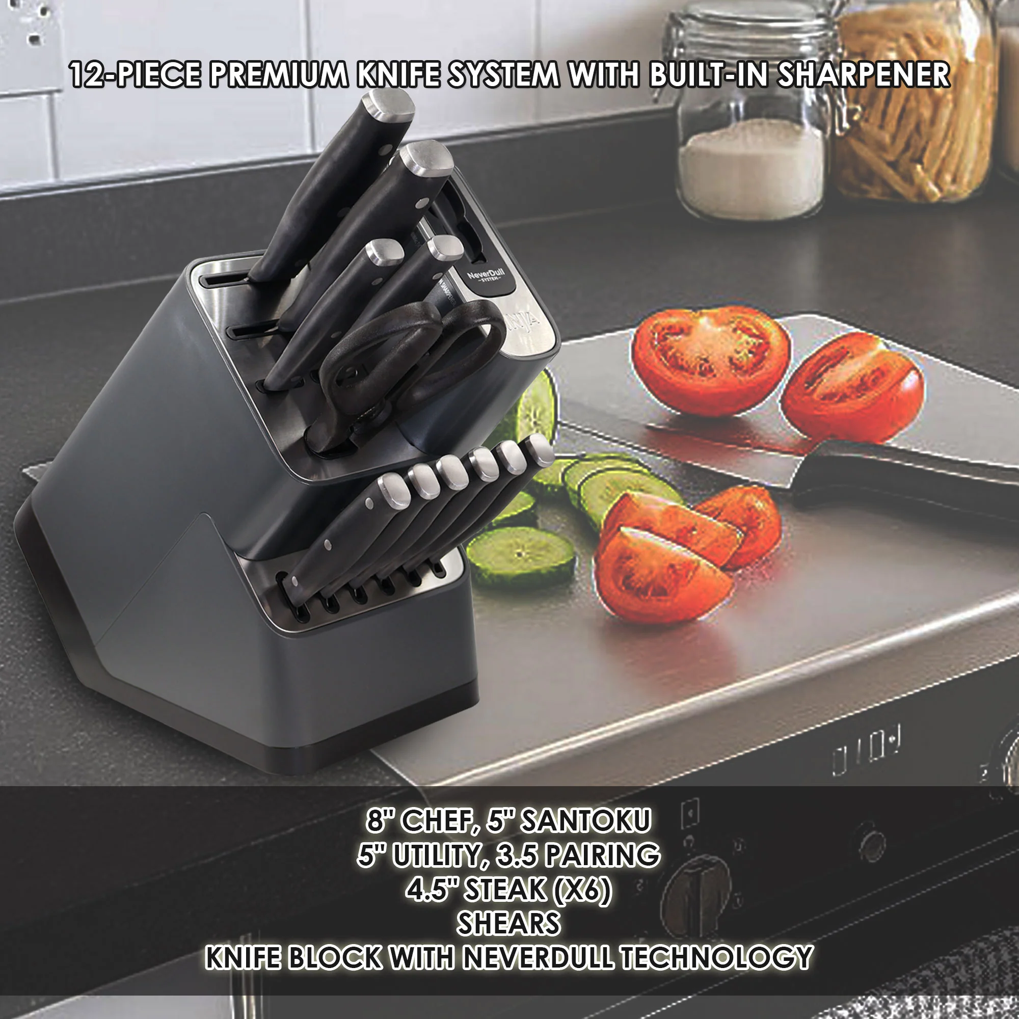 Ninja NeverDull Essential 12pc Knife System with Built in Sharpener - High Carbon Stainless Steel, Sharp Precision, Ergonomic handle (K12012) - Image 2