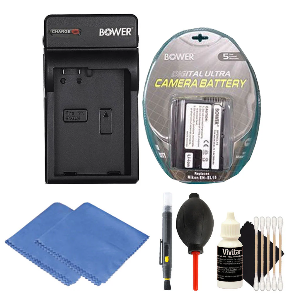 EN-EL15 Replacement Lithium-Ion Battery for Nikon D7000, D800, D820, D800E, 1 V1 DSLR Cameras + Charger + Cleaning Cloth + Dust Blower + Lens Pen + 3pc Cleaning Kit